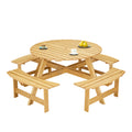 Outdoor 8 Person Picnic Table, 8 Person Round Picnic Table With 4 Built In Benches, Umbrella Hole, Outside Table And Bench Set For Garden, Backyard, Porch, Patio, Natural Natural Wood Metal