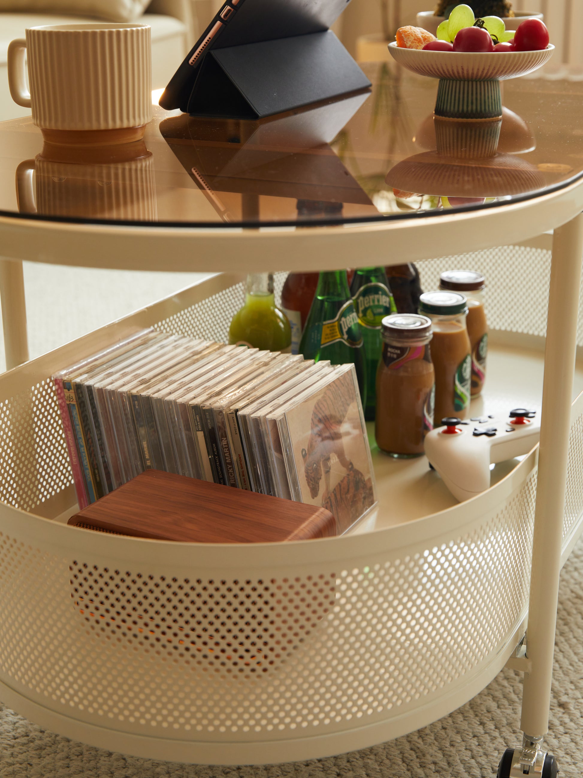 Movable Oval Metal Glass Coffee Table With Storage White Glass Metal
