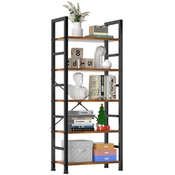 5 Shelves, Home Office And Living Room, Multifunctional Display Stand For Books, Brown Brown Metal & Wood