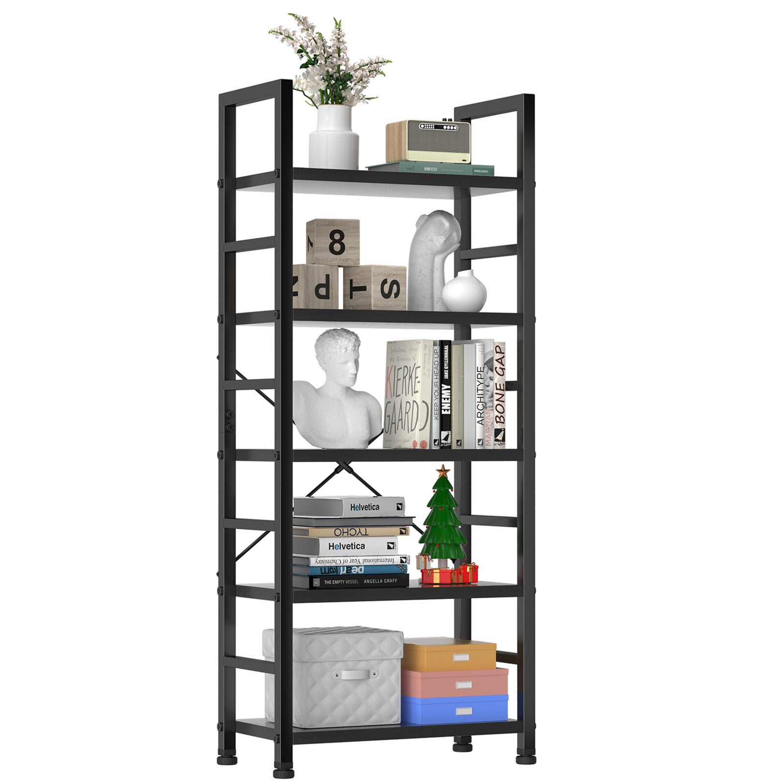 5 Shelves, Home Office And Living Room, Multifunctional Display Stand For Books, Black Black Metal & Wood