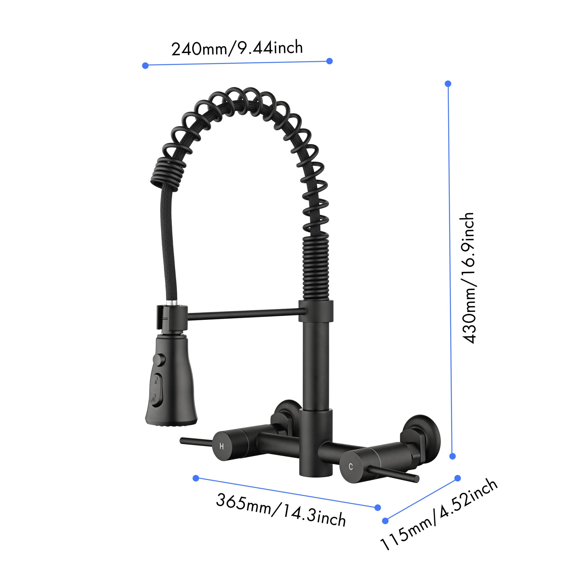 3 Functions Wall Mounted Bridge Kitchen Faucet Matte Black Brass