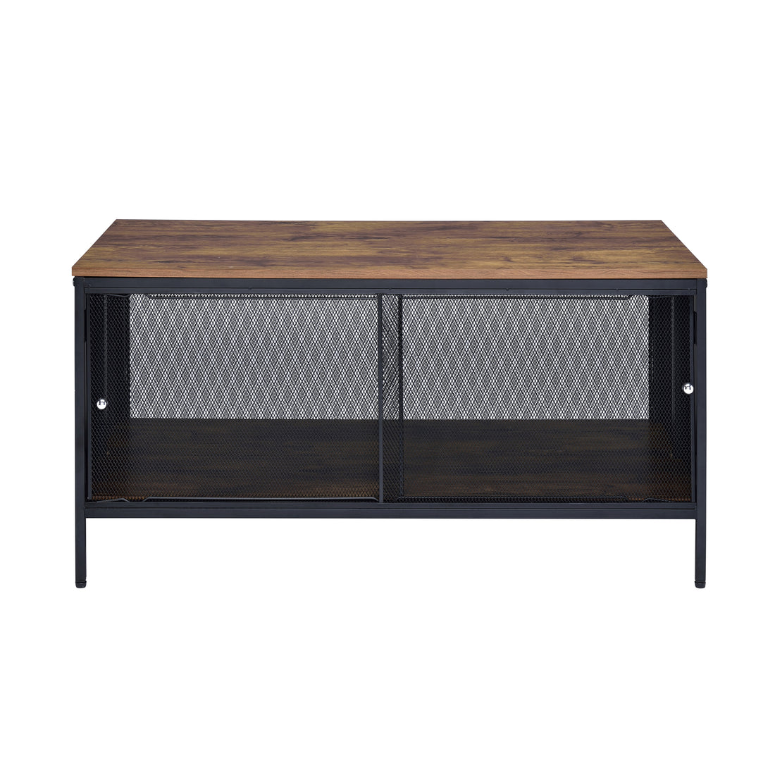 Antique Oak And Black Coffee Table With 4 Sliding Doors Black Brown Primary Living Space Rustic Shelves Rectangular Wood