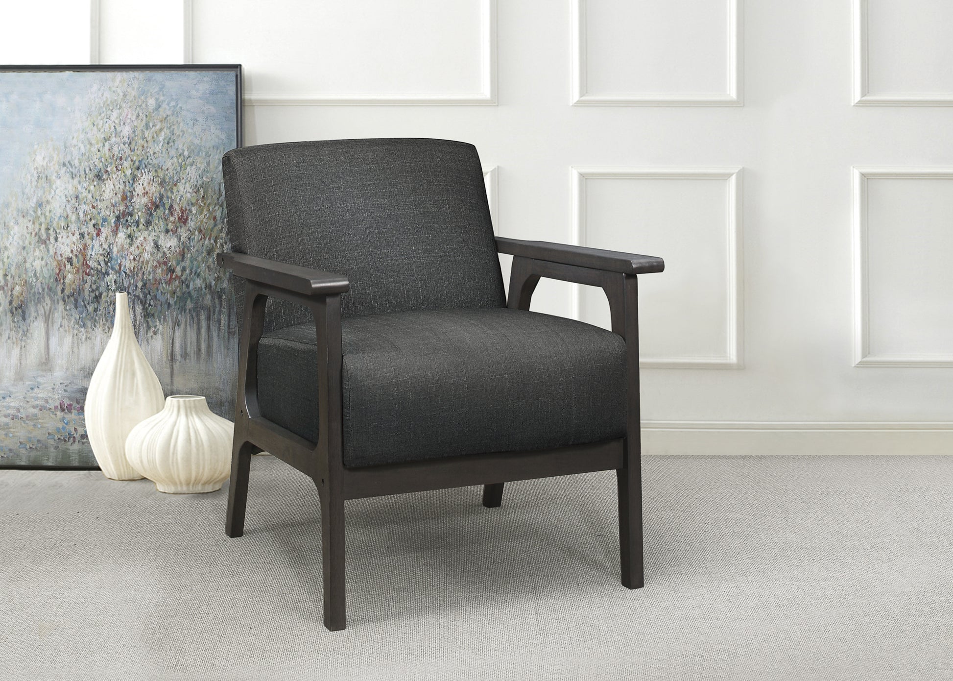 Dark Gray Fabric Upholstered Accent Chair 1Pc Solid Rubberwood Antique Gray Finish Living Room Furniture Dark Gray Primary Living Space Rubberwood Solid Wood