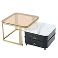2 In 1 Square Nesting Coffee Table With Wheels & Drawers, Stackable Side Table With High Gloss Marble Grain Top, End Table Set With Brown Tempered Glass For Living Room, Black Black Gold Primary Living Space Drawers Square Mdf Steel