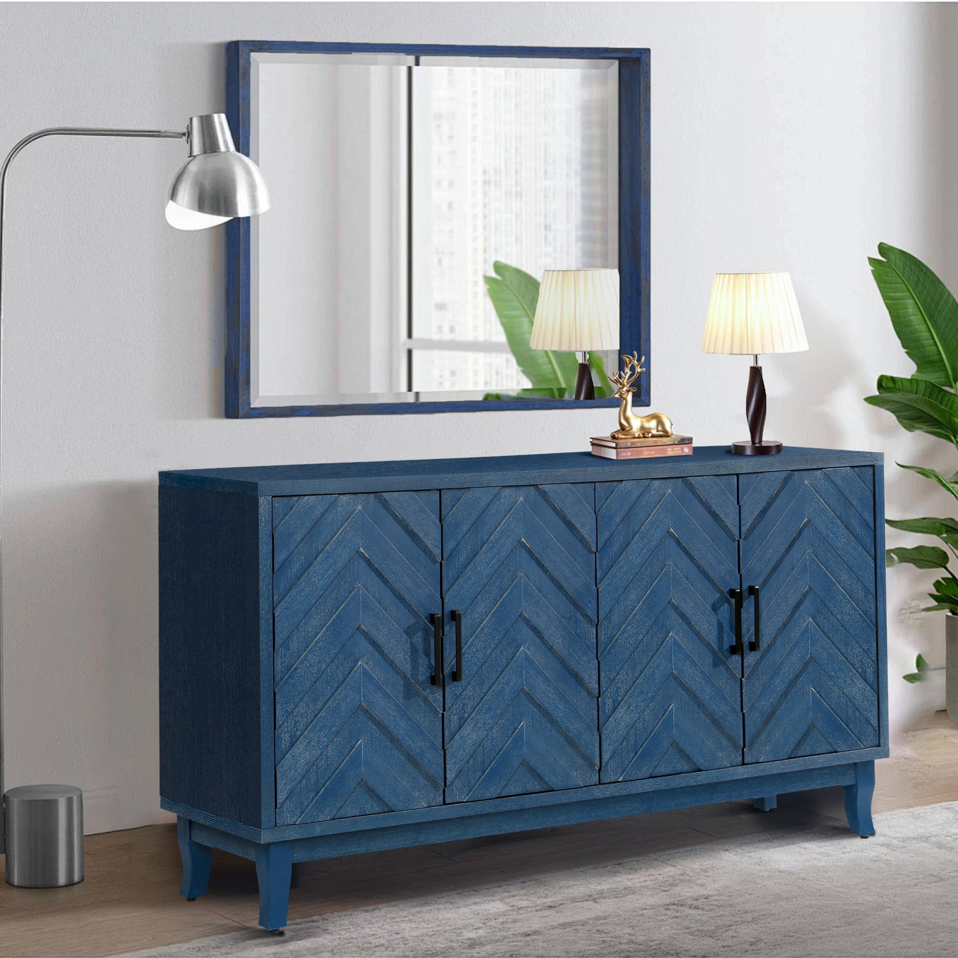 Stronger Vintage Style Buffet Cabinet, Lacquered Accent Storage 4 Door Wooden Antique Navy Blue Mdf Solid Wood Mdf