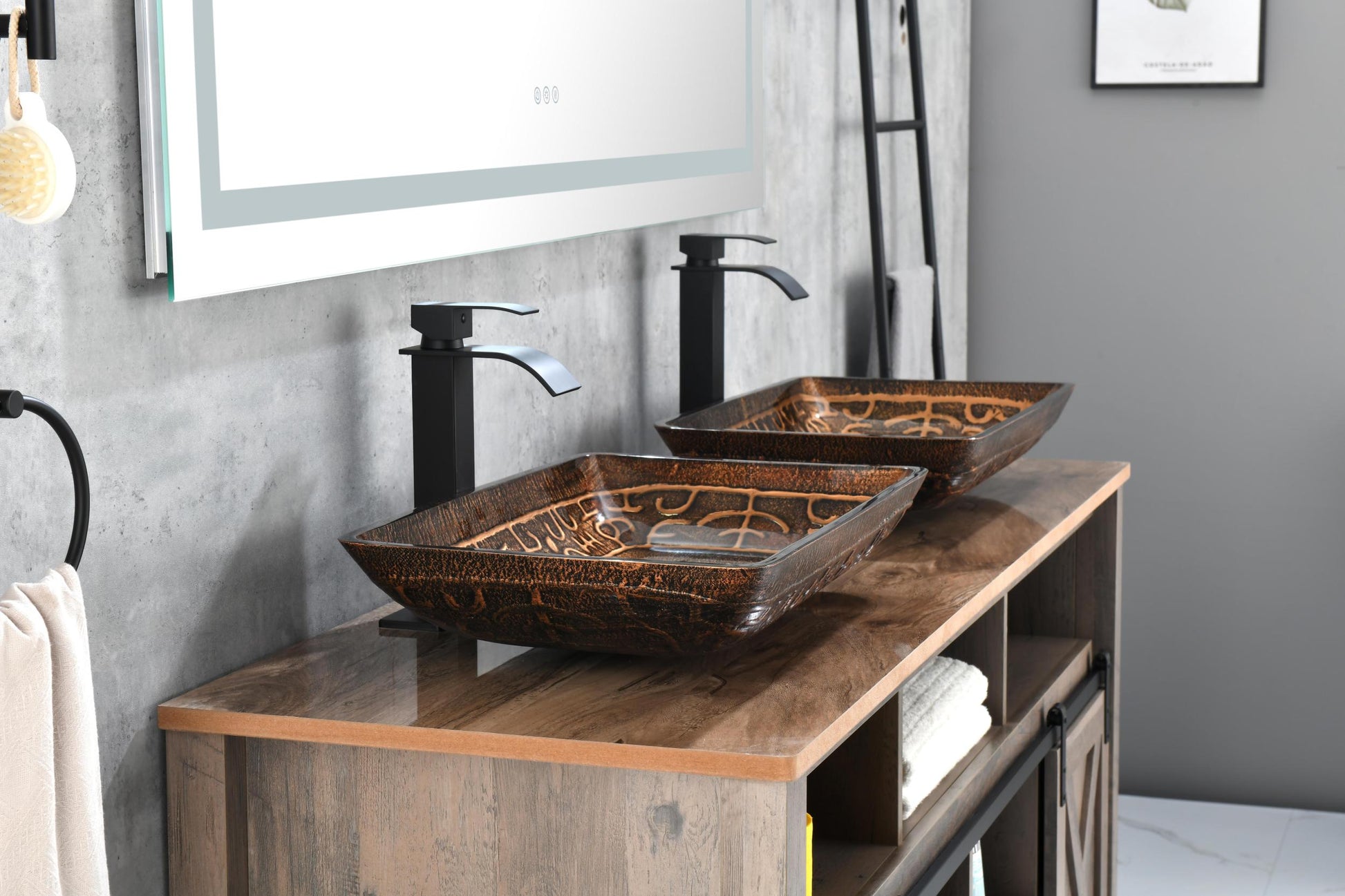 22" L 14" W 4" H Handmade Glass Rectangle Vessel Bathroom Sink In Brown And Gold Fusion Finish With Faucet And Pop Up Drain In Matte Black Brown Glass