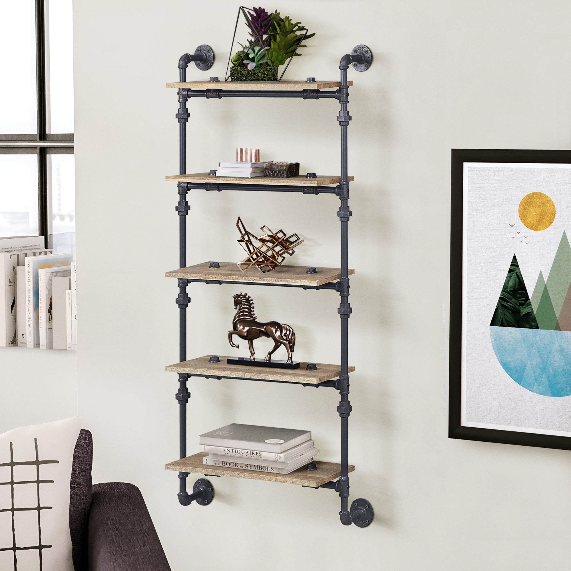 Oak And Sandy Black Rectangle 5 Tier Wall Shelf 5 Natural Black Primary Living Space Open Back Oak Wood Metal