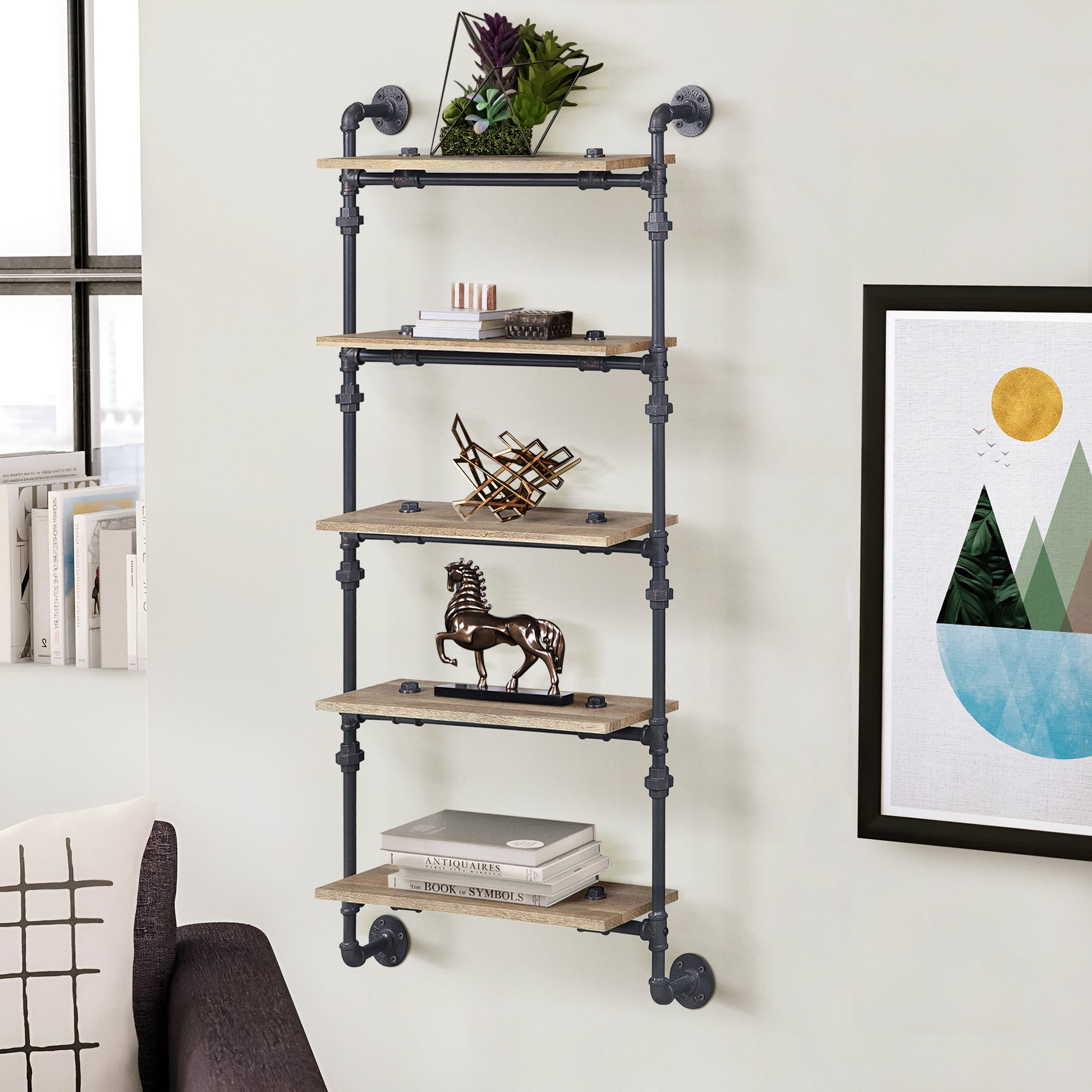 Oak And Sandy Black Rectangle 5 Tier Wall Shelf 5 Natural Black Primary Living Space Open Back Oak Wood Metal