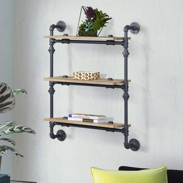 Oak And Sandy Black Rectangle 3 Tier Wall Shelf 3 Natural Black Open Back Wood Metal