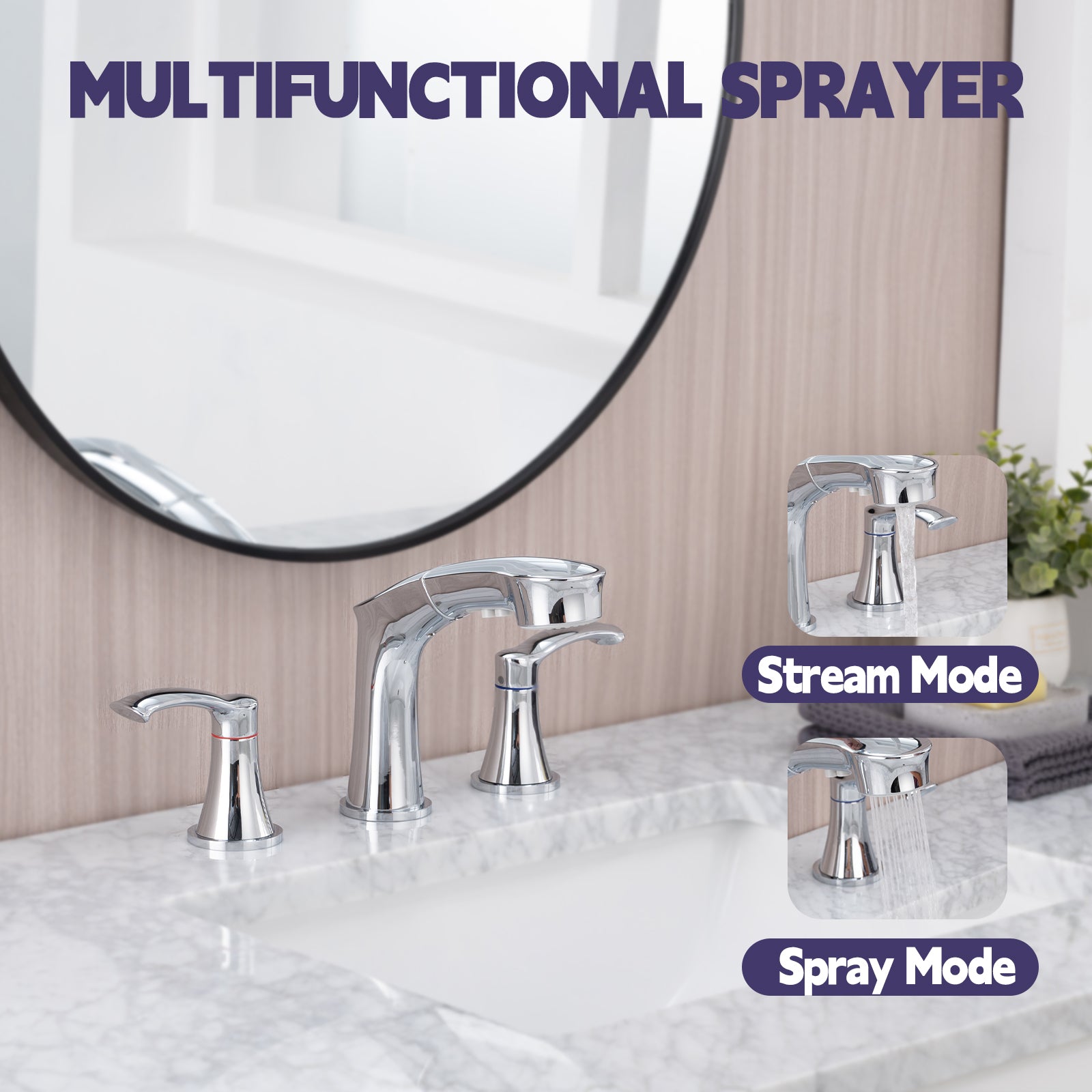 Widespread Pull Out Sprayer Bathroom Faucet, 2 Handle Bathroom Sink Faucet Chrome Stainless Steel