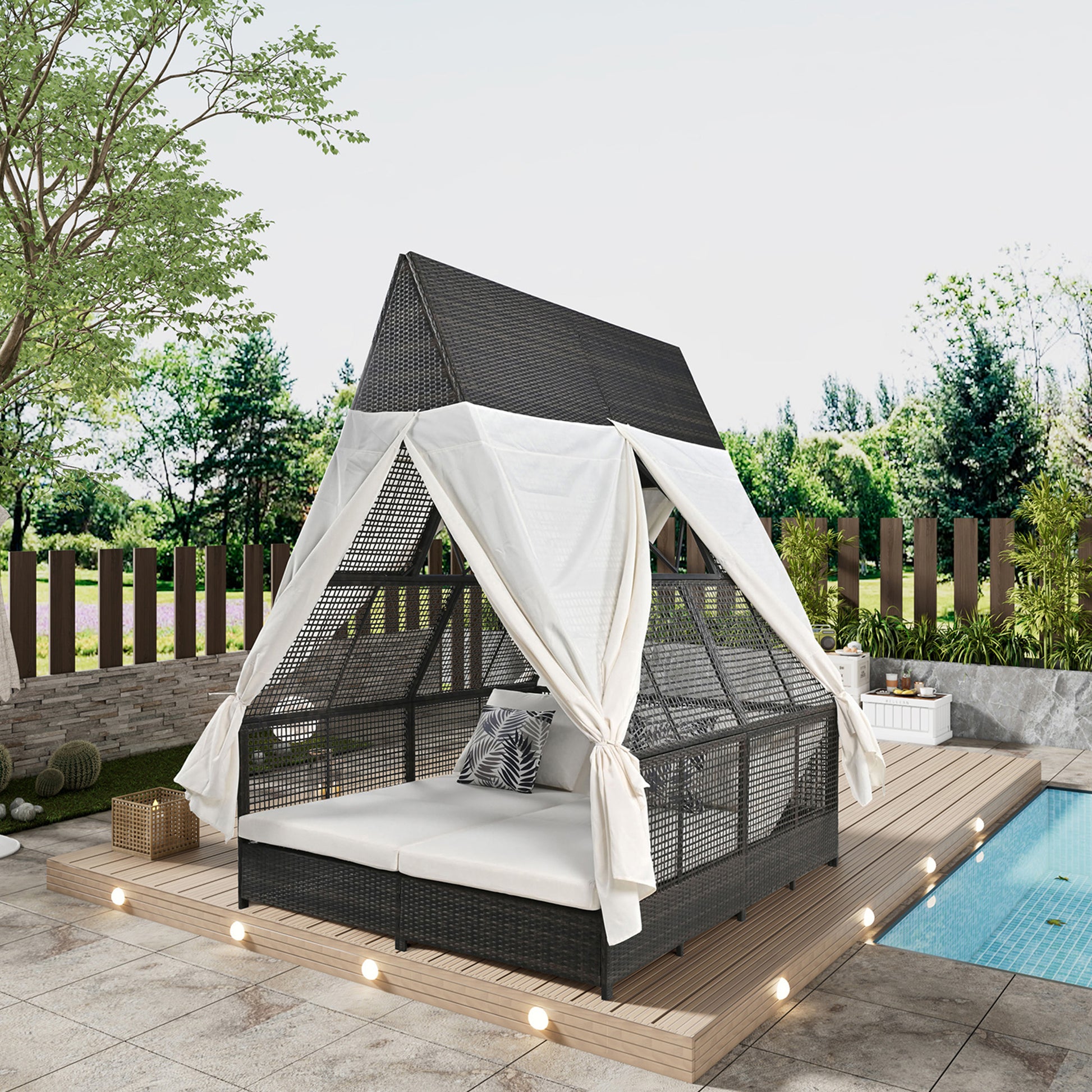 Outdoor Daybed Patio Lounge Bed With Adjustable Backrest Outdoor Double Sun Lounger With Curtains, 4 Pillows For Garden Patio Poolside Balcony Beach, Cream Yes Cream Water Resistant Frame Water Resistant Cushion Garden & Outdoor Sectional Seating Groups