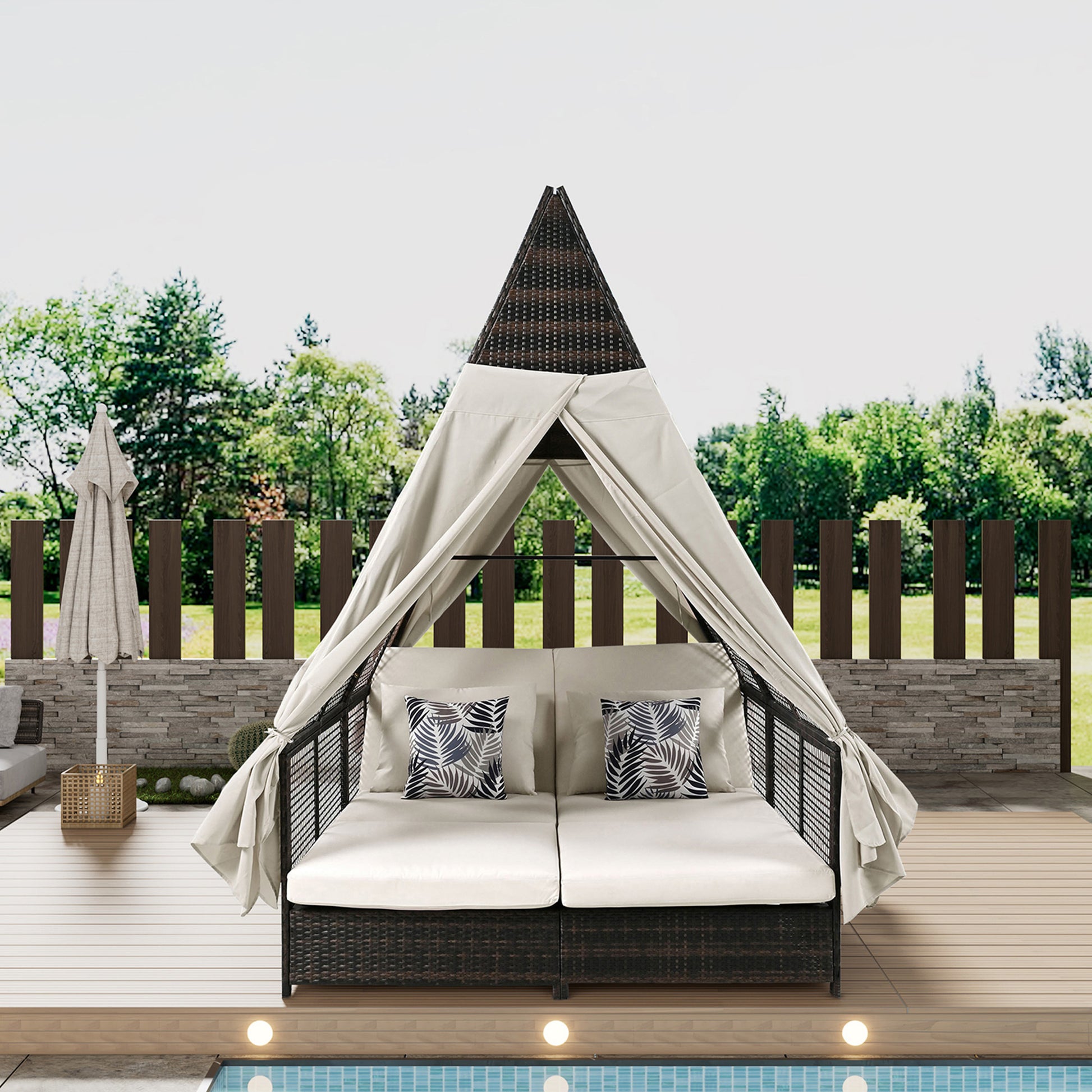 Outdoor Daybed Patio Lounge Bed With Adjustable Backrest Outdoor Double Sun Lounger With Curtains, 4 Pillows For Garden Patio Poolside Balcony Beach, Beige Yes Beige Water Resistant Frame Water Resistant Cushion Garden & Outdoor Sectional Seating Groups