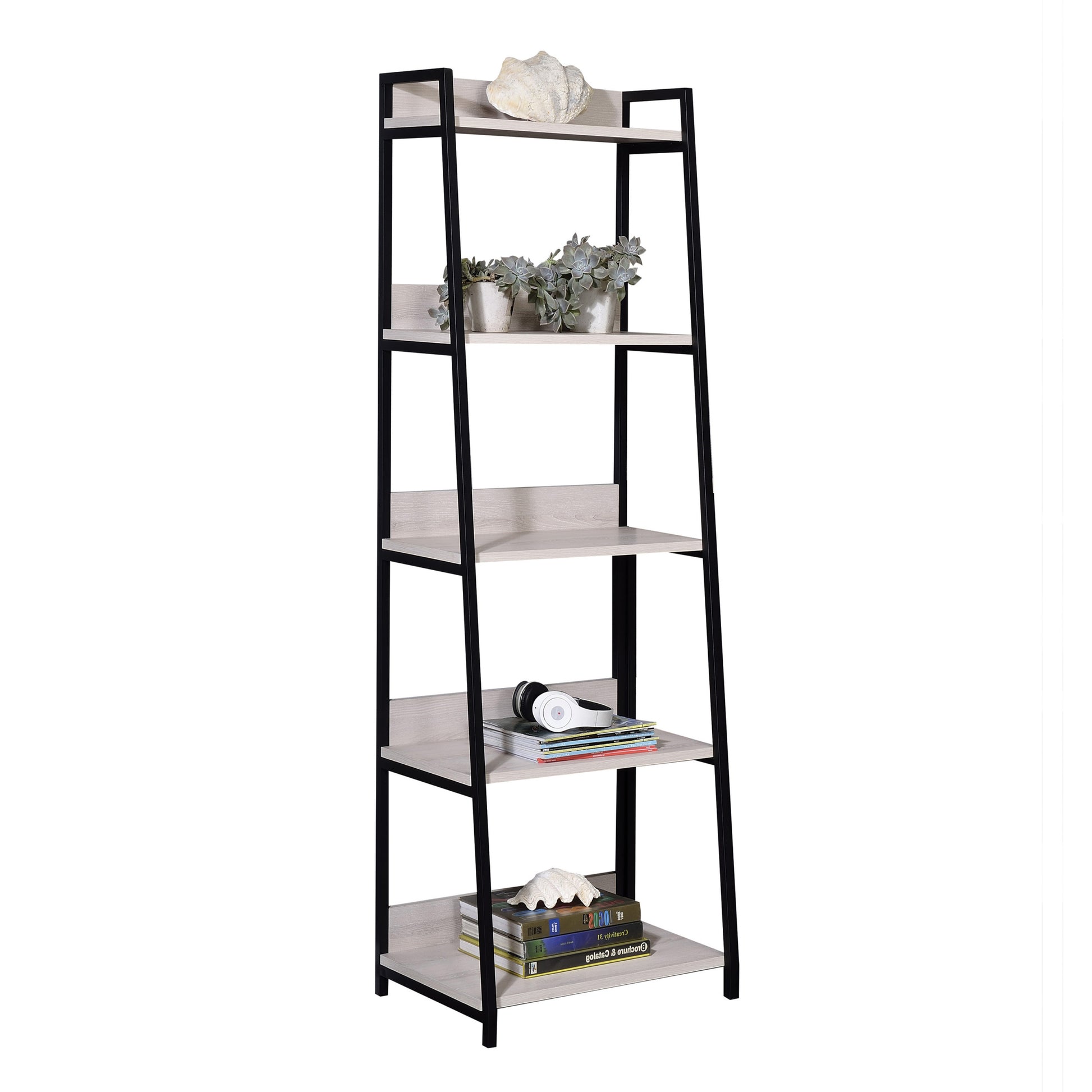 Natural And Black Ladder 5 Tier Bookshelf 5 Natural Black Wood Metal