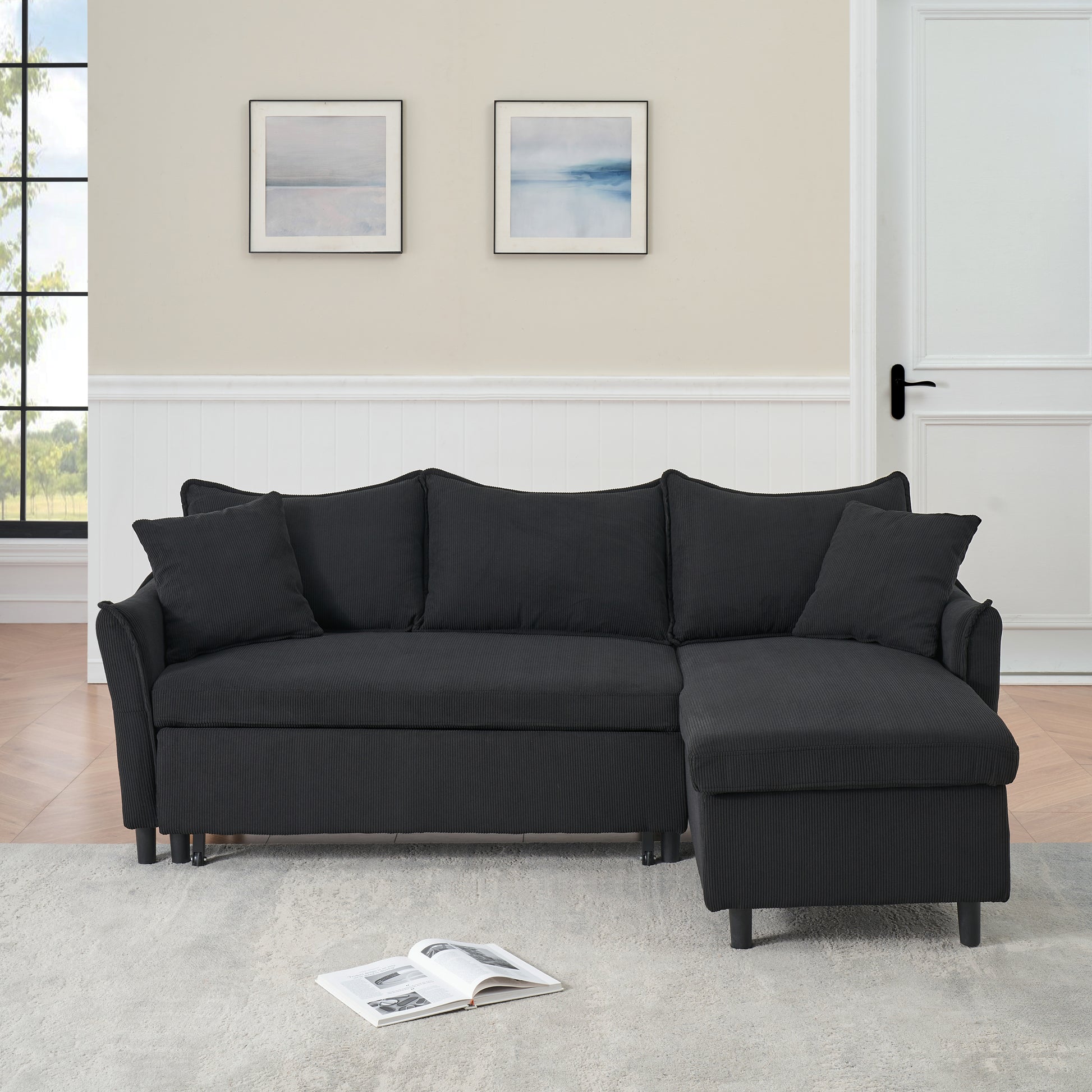 This 80 Inch Black Corduroy L Shaped Sofa Comes With Two Small Throw Pillows That Can Be Converted Into A Sofa Bed For Storage Black Corduroy 3 Seat