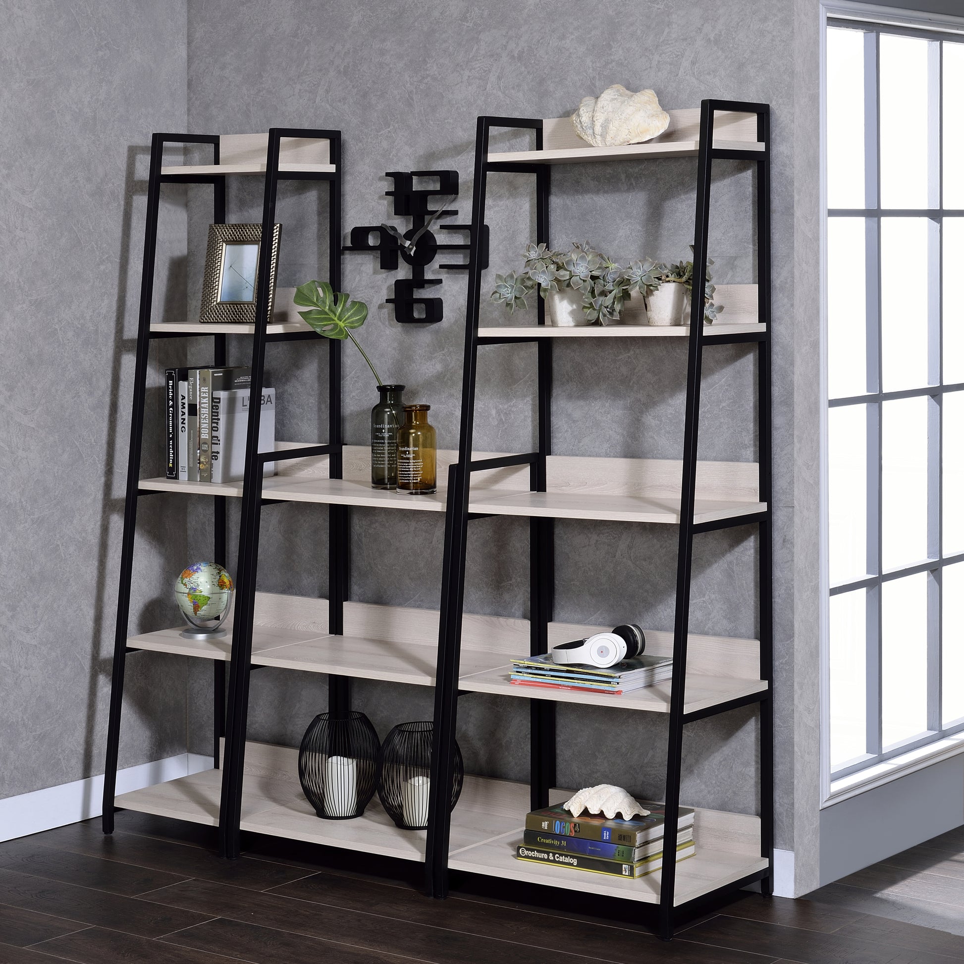 Natural And Black Ladder 5 Tier Bookshelf 5 Natural Black Wood Metal