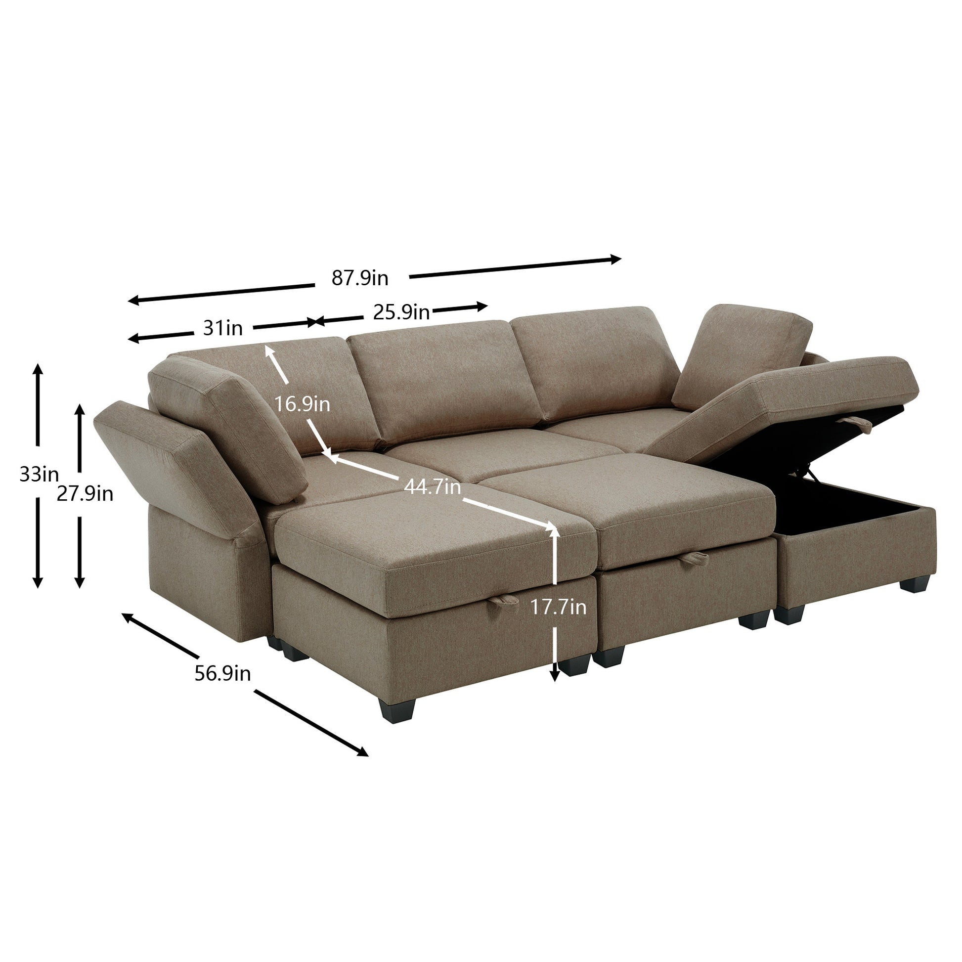 Modular Sectional Sofa Couch Bed With Storage 6 Seater, Sleeper Sofa Bed Couch With Reversible Chaise Ottomans, Adjustable Arms And Backs Brown Brown Polyester 3 Seat