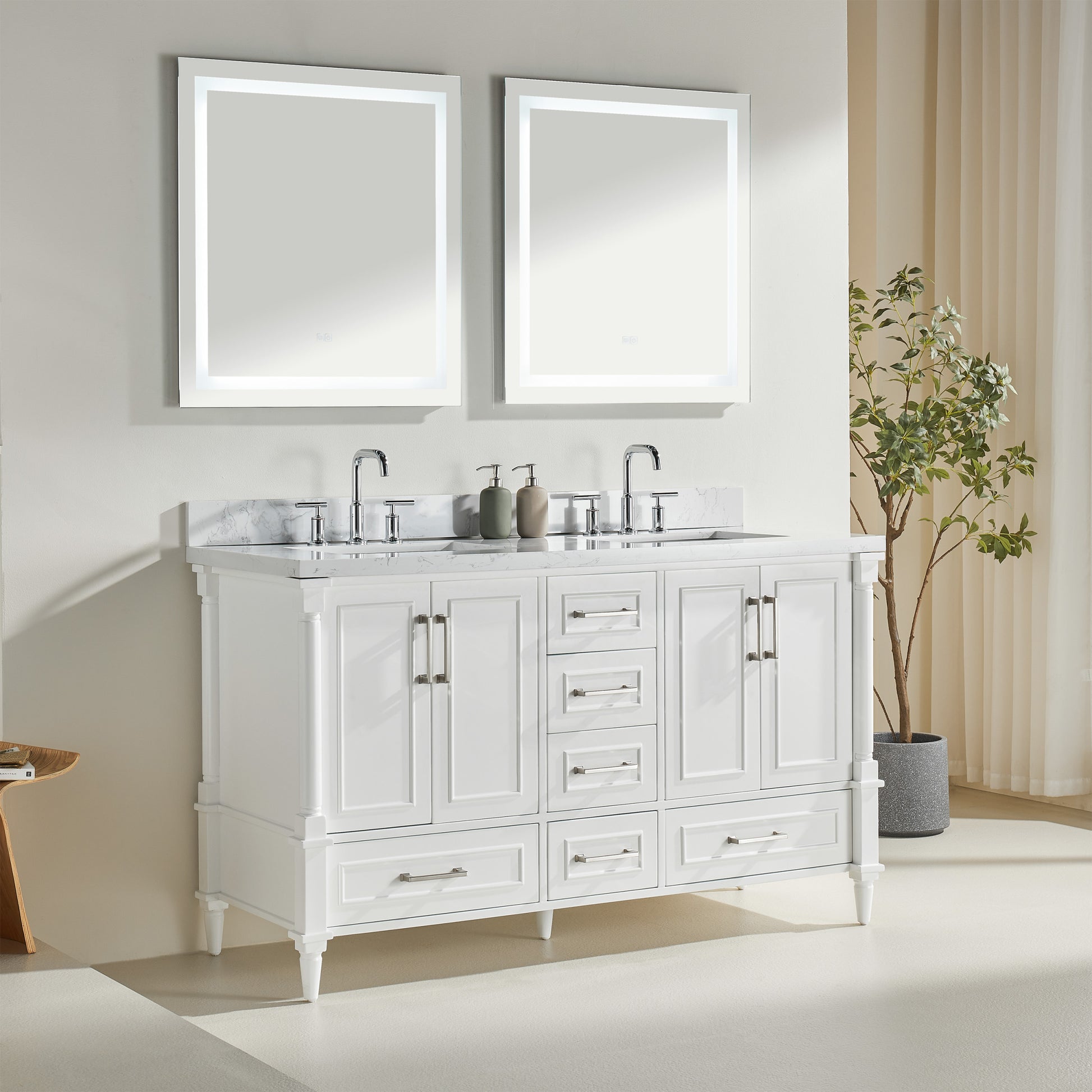 Full Assembled 60'' Freestanding Double Bathroom Vanity With Extra Black Handles 4 White 4 Soft Close Doors Bathroom Freestanding Solid Wood Painted