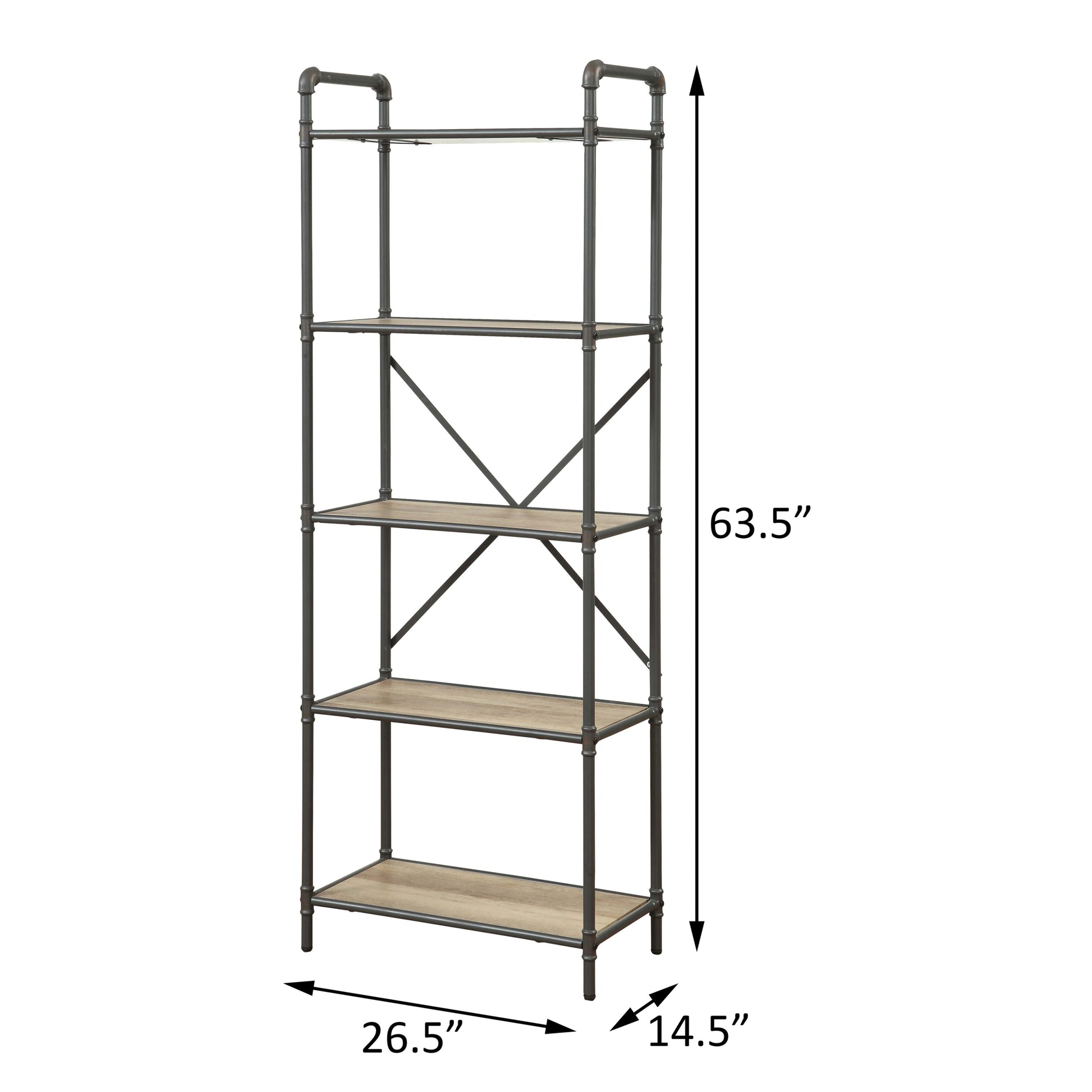 Antique Oak And Sandy Grey 5 Tier Bookcase 5 Natural Grey Open Back Oak Wood Metal
