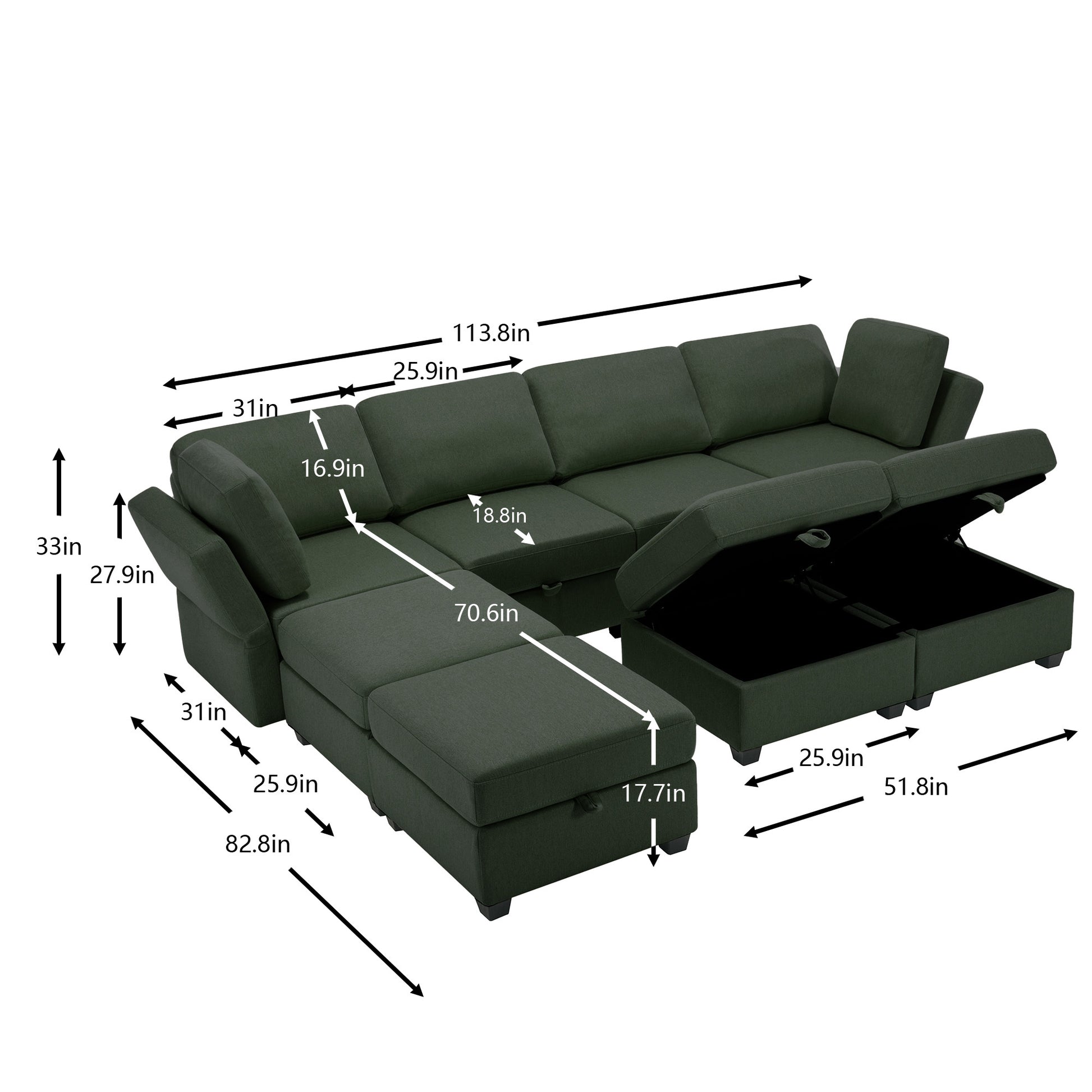 Adjustable Arms And Backs Sectional Sofa, Modern Sectional Couch U Shaped Sofa Couch With Storage Ottoman, Sofa With Convertible Chaise Green Green Polyester 4 Seat