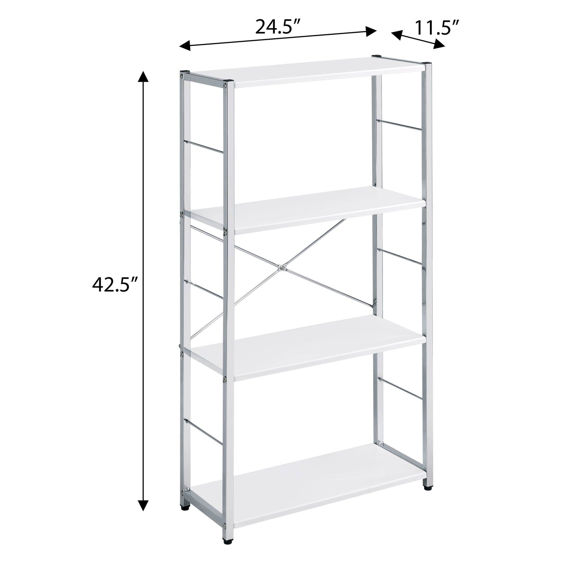 White And Chrome 4 Tier Rectangular Bookshelf 4 White Silver Open Back Wood Metal