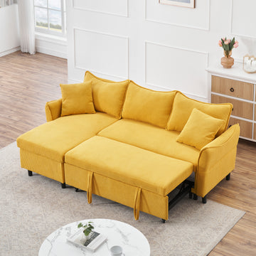 The 80 Inch Yellow Corduroy L Shaped Sofa Comes With Two Small Throw Pillows That Can Be Converted Into A Sofa Bed For Storage Yellow Corduroy 3 Seat