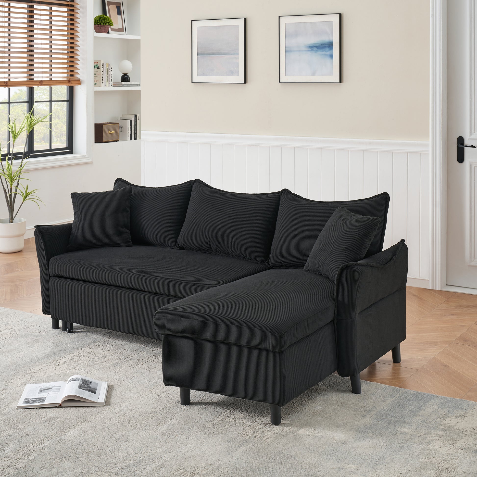 This 80 Inch Black Corduroy L Shaped Sofa Comes With Two Small Throw Pillows That Can Be Converted Into A Sofa Bed For Storage Black Corduroy 3 Seat