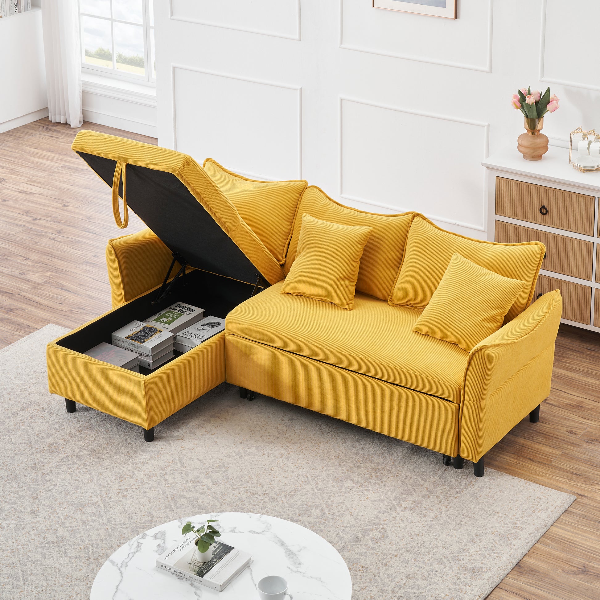 The 80 Inch Yellow Corduroy L Shaped Sofa Comes With Two Small Throw Pillows That Can Be Converted Into A Sofa Bed For Storage Yellow Corduroy 3 Seat