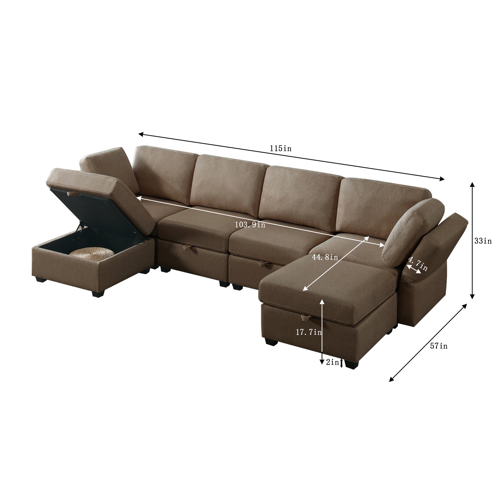 Adjustable Arms And Backs Modern U Shape Linen Couch Modular Sectional Sofa Couch With Storage Seat, Large Convertible Sofa With Reversible Chaise For Living Room Apartment Office, Brown Brown Polyester 4 Seat