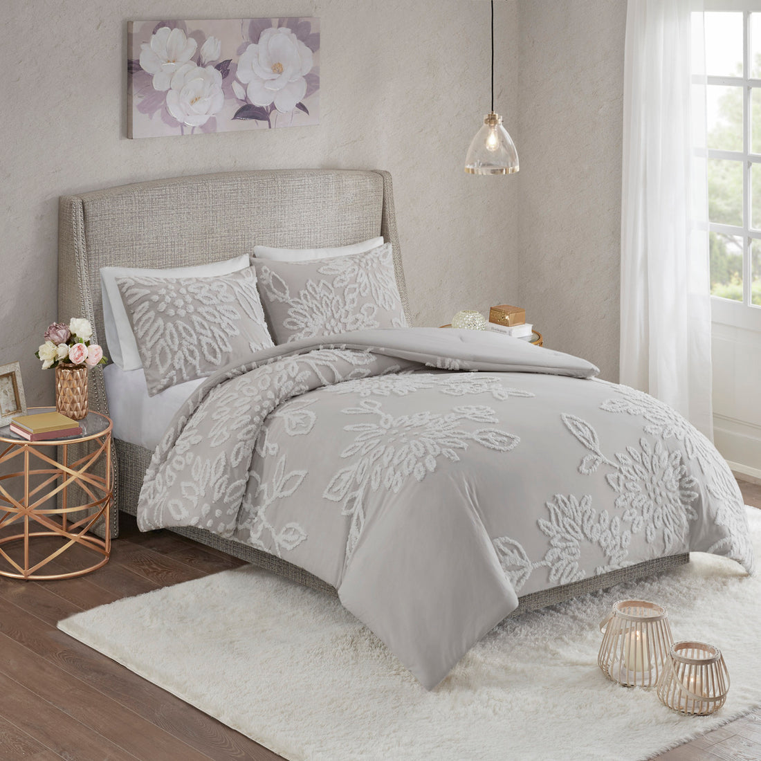 3 Piece Tufted Cotton Chenille Floral Comforter Set Warm Grey White Full Queen Full Warm Grey White Cotton