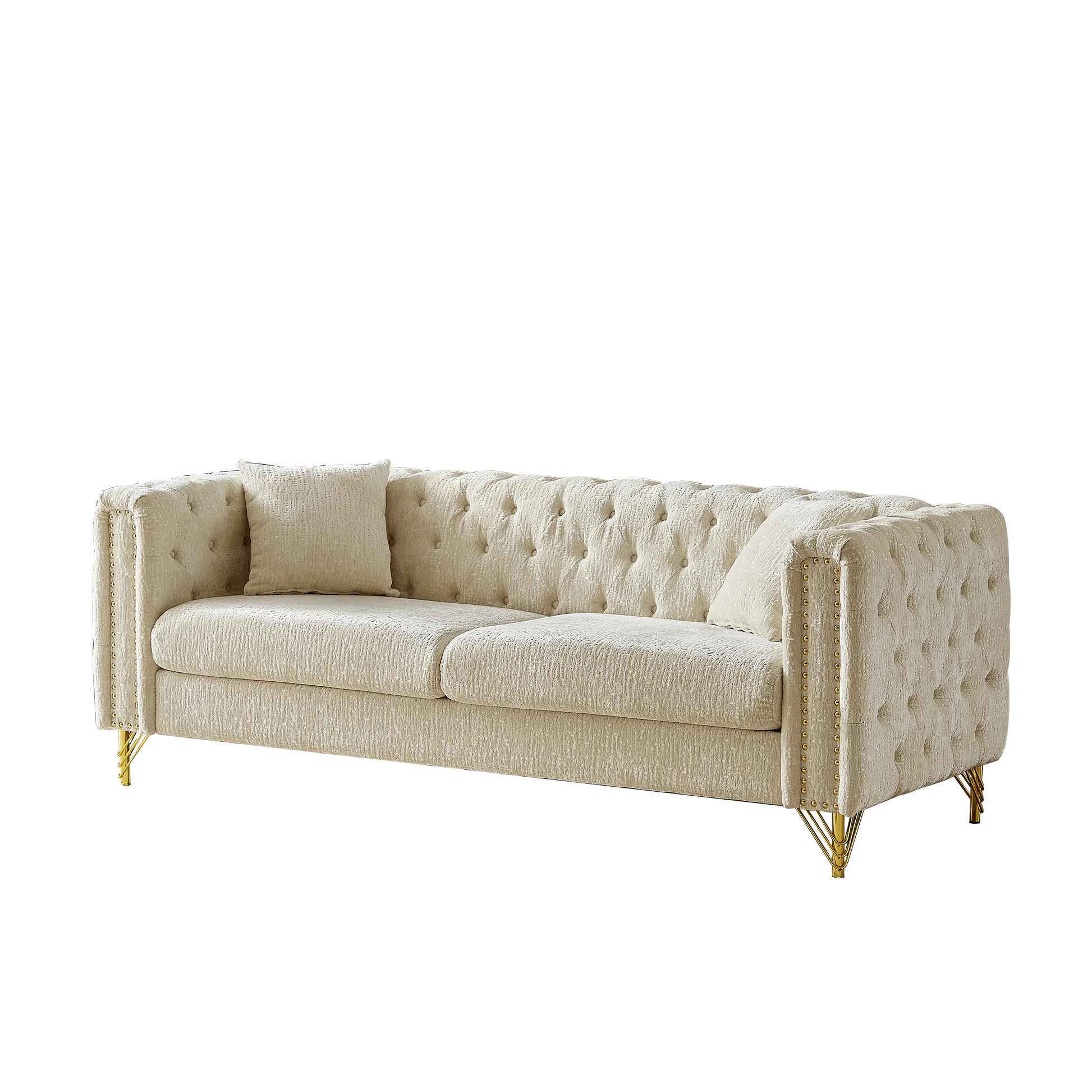 60 Inch Chenille Pull Buckle Design Sofa For Living Room,Buttons Tufted With Copper Nail Decoration Armrest, Modern Couch Upholstered Button And Metal Legs Beige Foam Chenille 2 Seat