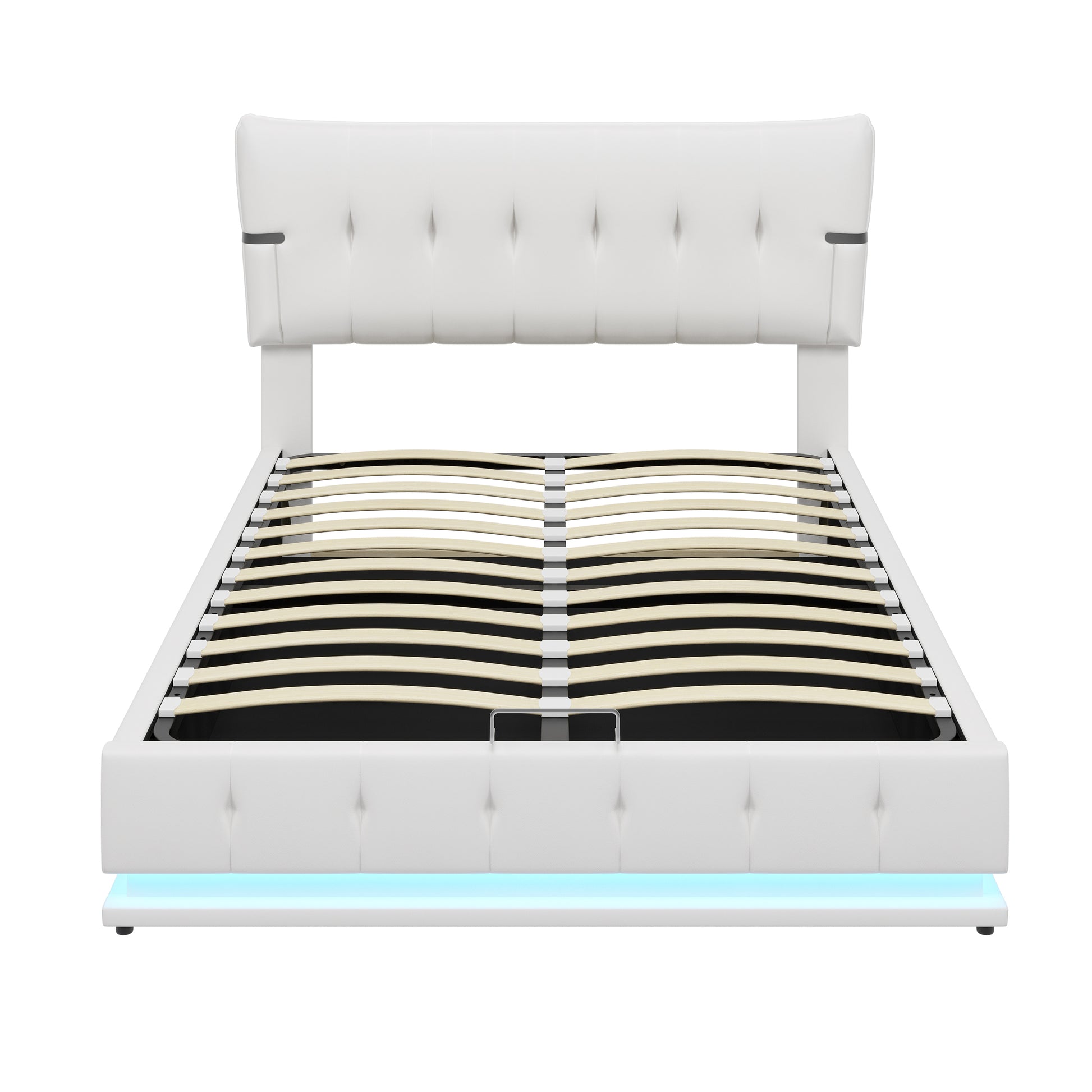 Upholstered Platform Full Size Hydraulic Storage Bed, Lift Up Storage Bed With Rgb Led Light, Pu Leather Headboard And Footboard, No Box Spring Needed, White Full White Wood Metal