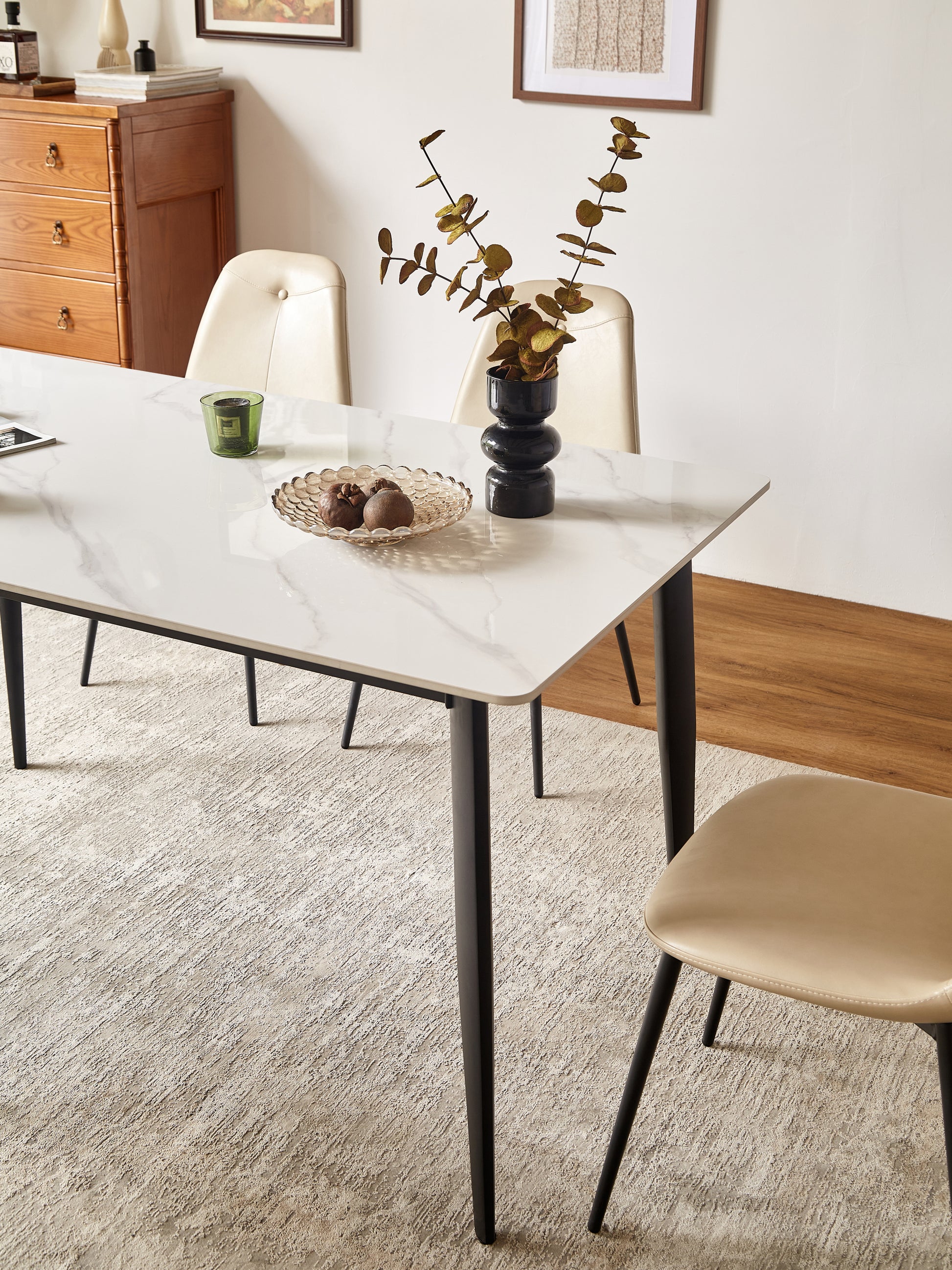 Dining Table Table 55" Rectangular White Kitchen Table With Porcelain Table Top And Metal Legs,Dining Room Table For 4,Mid Century Dinner Table For Living Room And Office,Table Only White Black European Ceramic Tile Iron