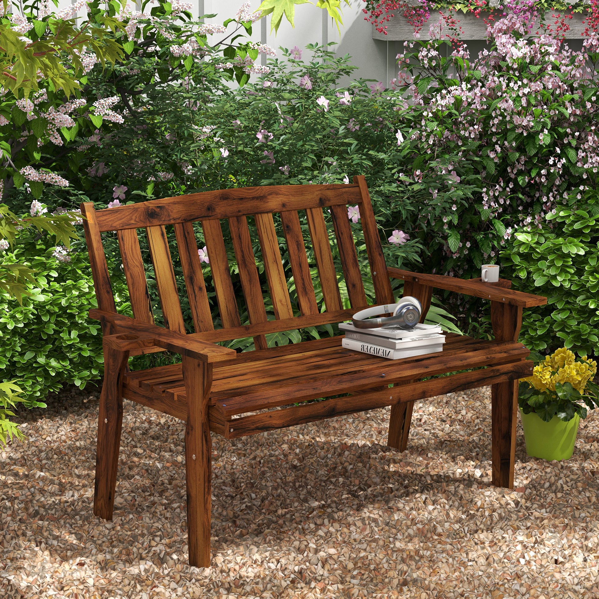 Outsunny Wood Outdoor Bench, 2 Person Garden Bench With Cupholder Armrests, Slatted Seat And Backrest, Park Bench For Patio, Porch, Lawn, Deck, Carbonized Black Brown Wood