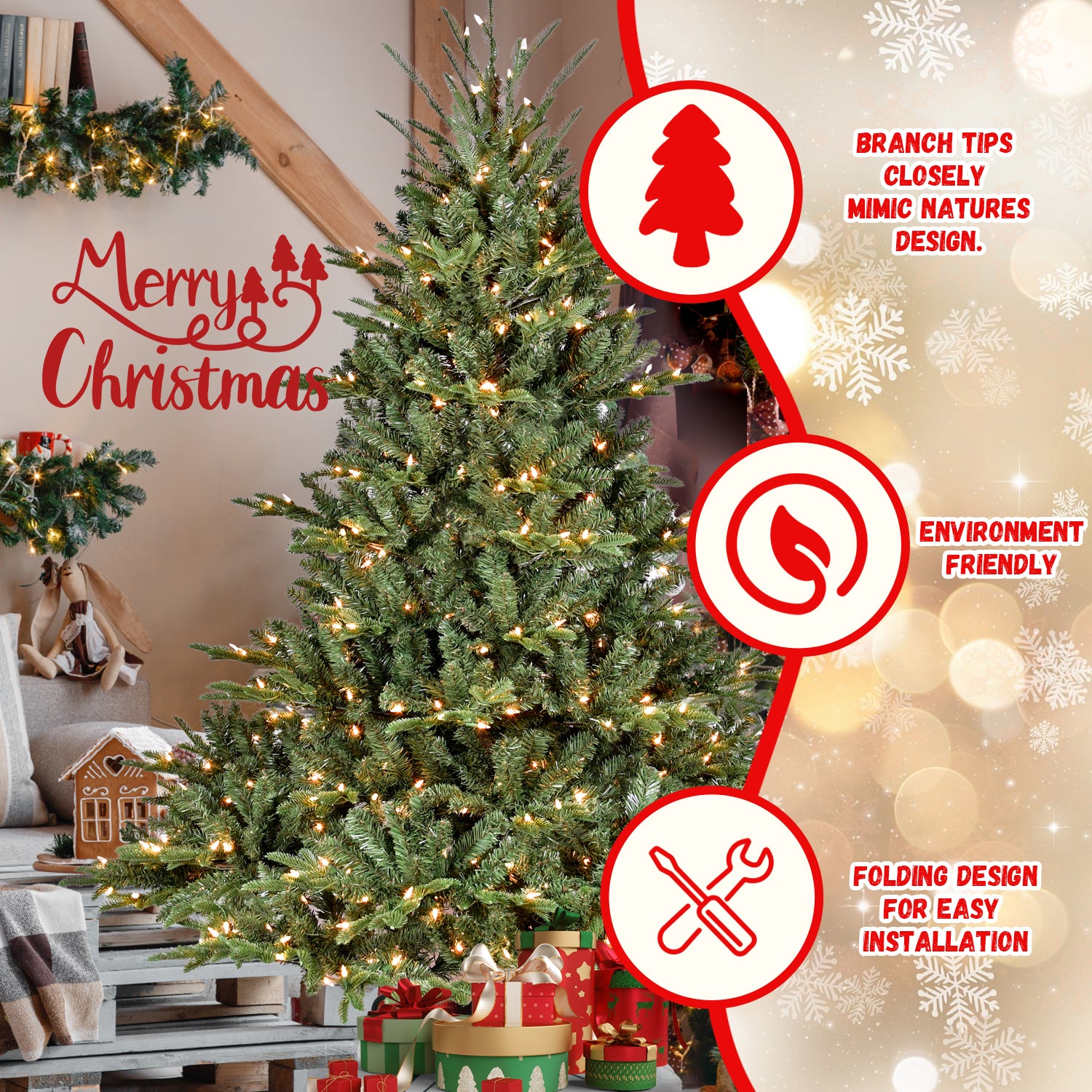 7Ft Christmas Tree Simulate Nature Advanced Materials Premium Hinged Spruce Artificial Douglas Firs Tree, Christmas Holiday Party Atmosphere Decoration Year Celebration Pe Pvc Xmas Tree Green