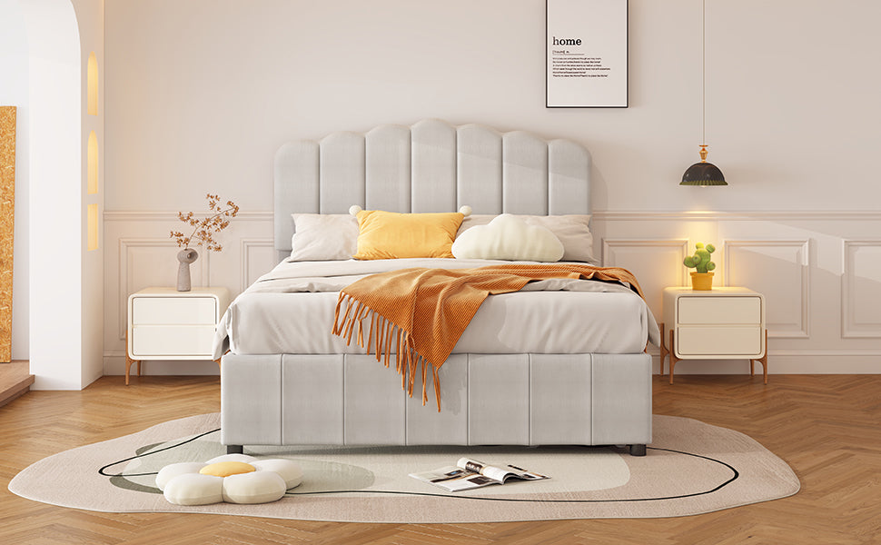 Full Size Upholstered Bed With 4 Storage Drawers,Wood Slat Support, Beige Full Beige Upholstered