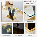 Table And Chair Set. A Rectangular Glass Dining Table With A 0.4 Inch Tempered Glass Tabletop And Mdf Board V Shaped Bracket, Paired With Chairs Consisting Of Pu Seat Cushions And Golden Metal Legs. White Black Seats 4 Tempered Glass