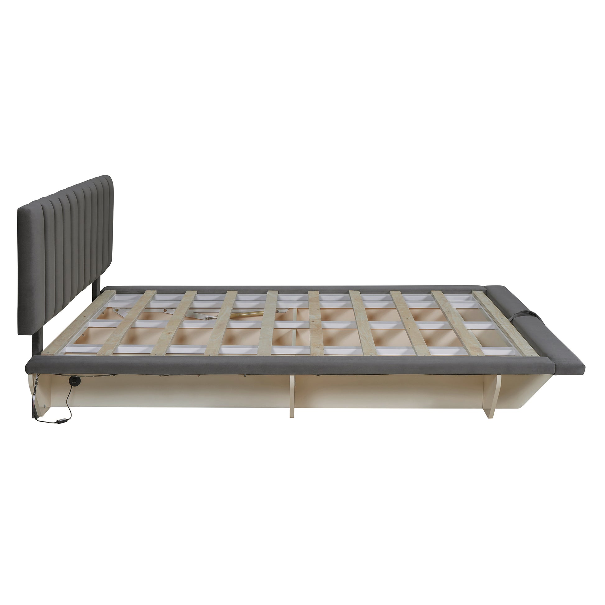 Queen Size Upholstered Floating Bed With Led Light And Usb Port, Velvet, Gray, Hydrualic Platform Bed Queen Gray Velvet