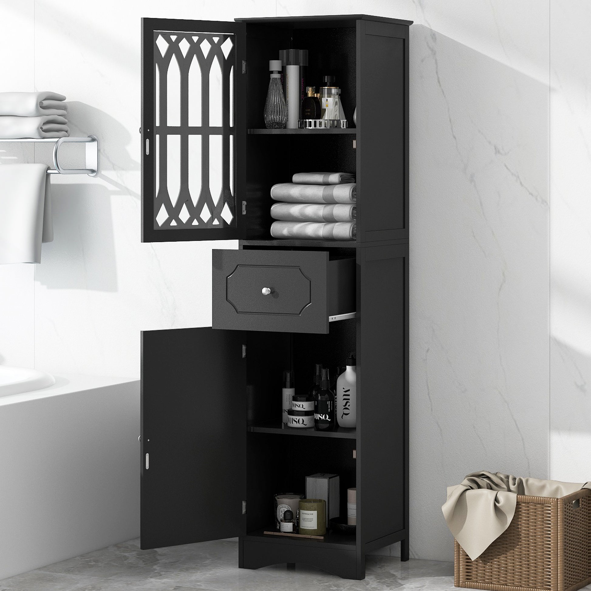 Tall Bathroom Cabinet, Freestanding Storage Cabinet With Drawer And Doors, Mdf Board, Acrylic Door, Adjustable Shelf, Black Black Mdf