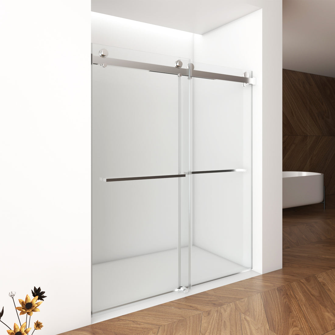 56" 60"W X 70"H Frameless , Double Sliding , 5 16" 8Mm Laminated Glass Premium Tempered Glass Shower Enclosure,Double Side Easy Clean Coat,Brushed Nickel Finished With Buffer Brushed Nickel Bathroom American Design Stainless Steel