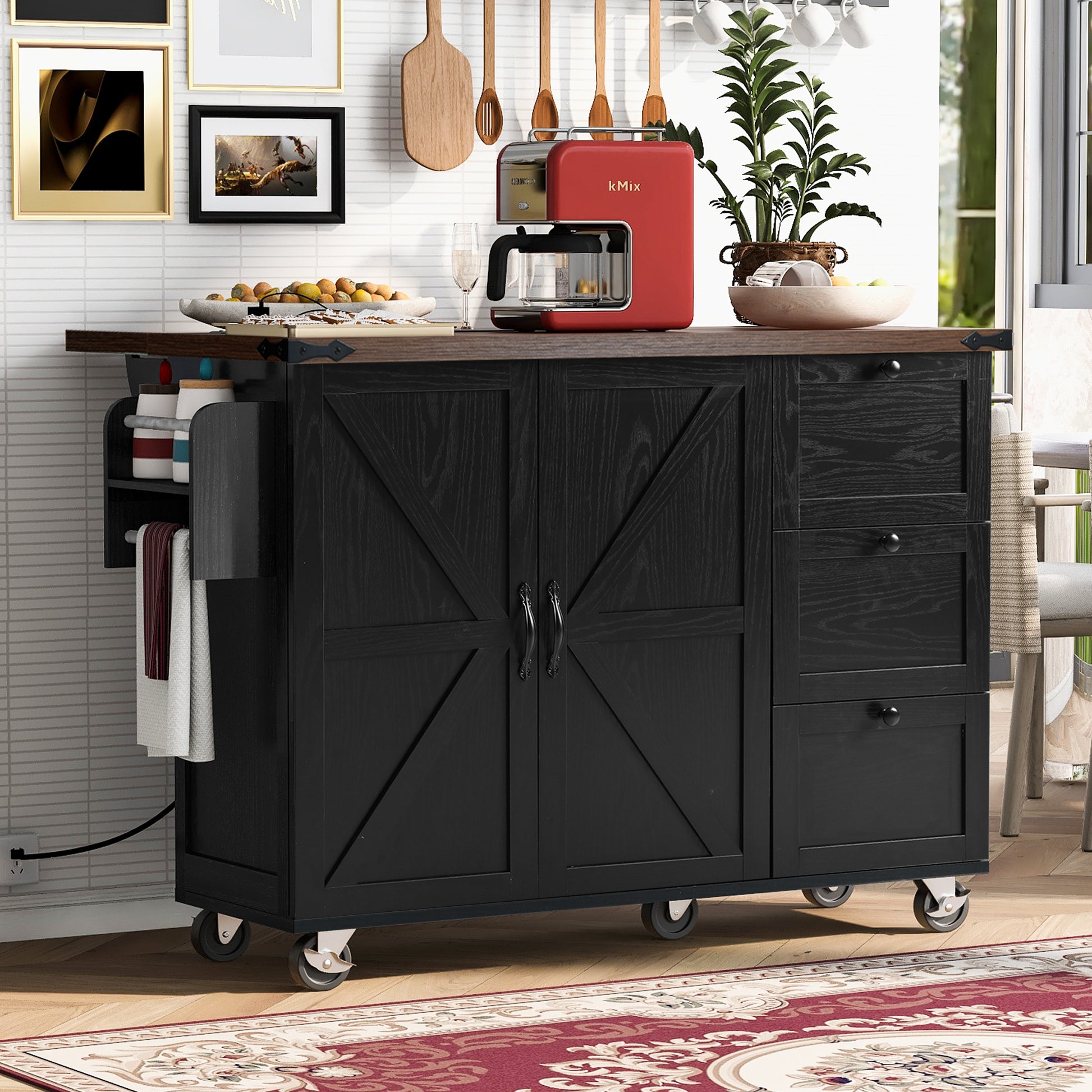 K&K 54.5" Farmhouse Kitchen Island With Power Outlet, Kitchen Storage Island With Internal Storage Rack, Drop Leaf, Spice Rack, Rolling Kitchen Cart On Wheels, For Home, Kitchen And Dining Room,Black Black Brown Kitchen Classic,Farmhouse,Luxury,Modern