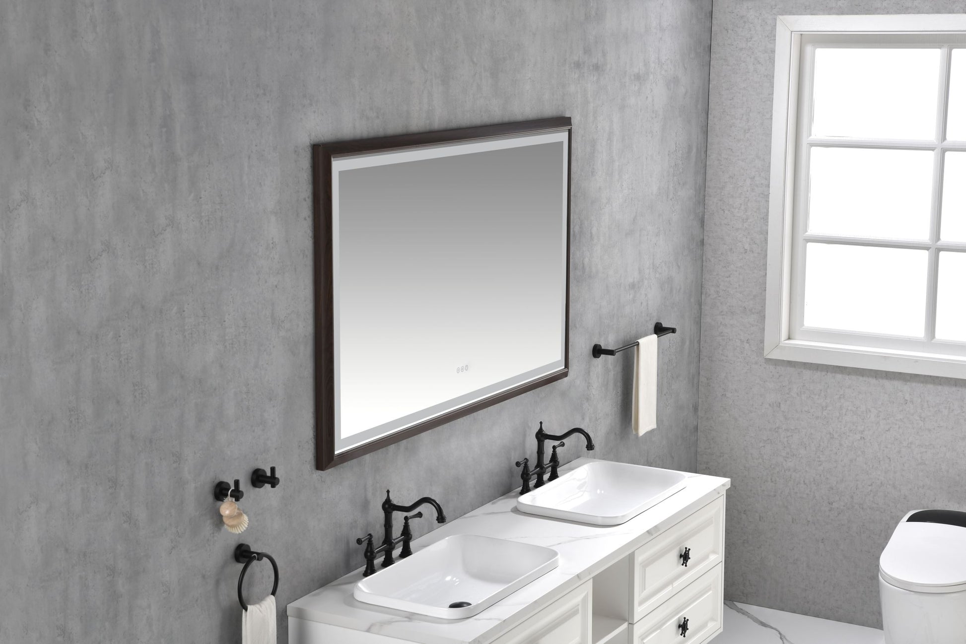 Bathroom Led Mirror Is Multi Functional And Each Function Is Controlled By A Smart Touch Button. Brown Aluminium