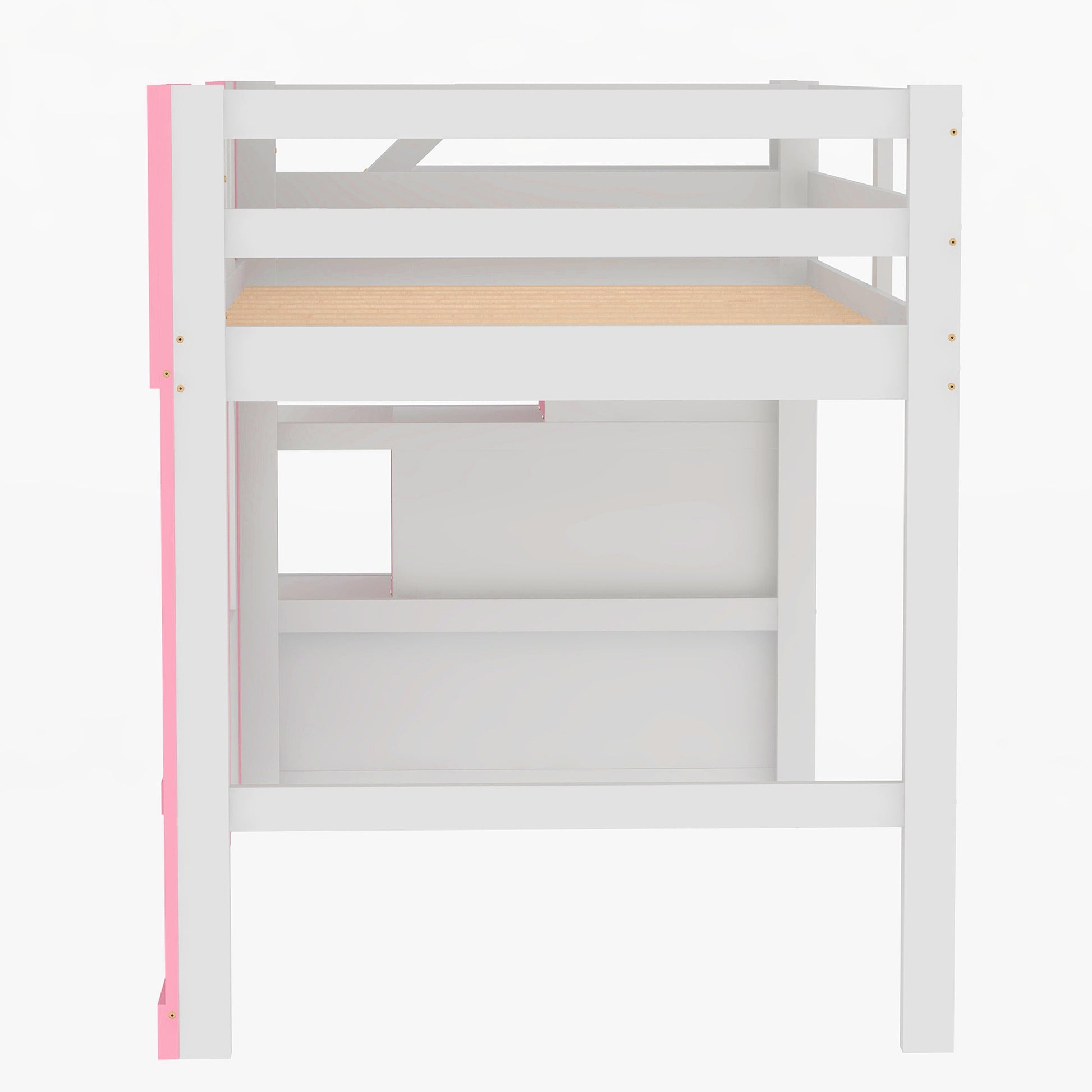 Twin Size Loft Bed With Storage Staircase And Window, Pink Box Spring Not Required Twin Pink Wood Bedroom Solid Wood Mdf