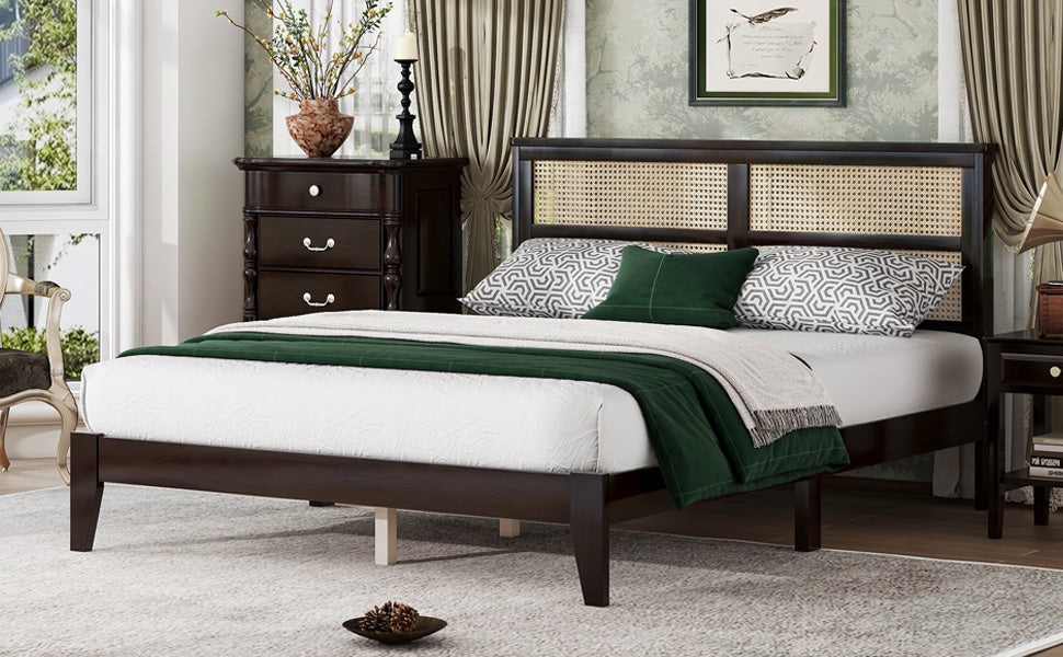 Queen Size Rubber Wooden, Solid Wooden Bed With Rattan Headboard, Enhanced By Support Feet,Espresso Queen Espresso Rubber Wood