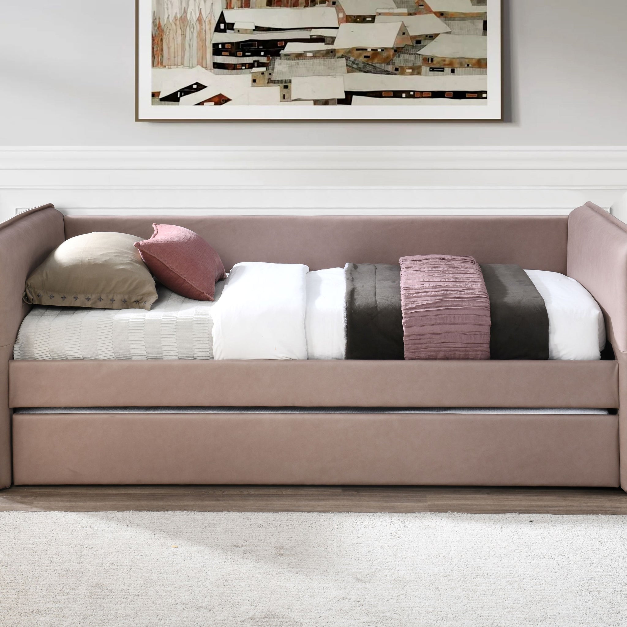 Daybed With A Trundle In Dusty Rose Mauve Upholstered