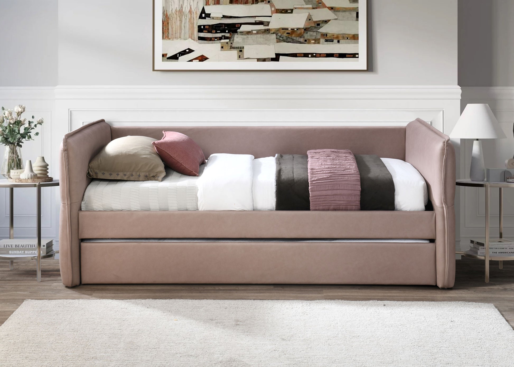 Daybed With A Trundle In Dusty Rose Mauve Upholstered