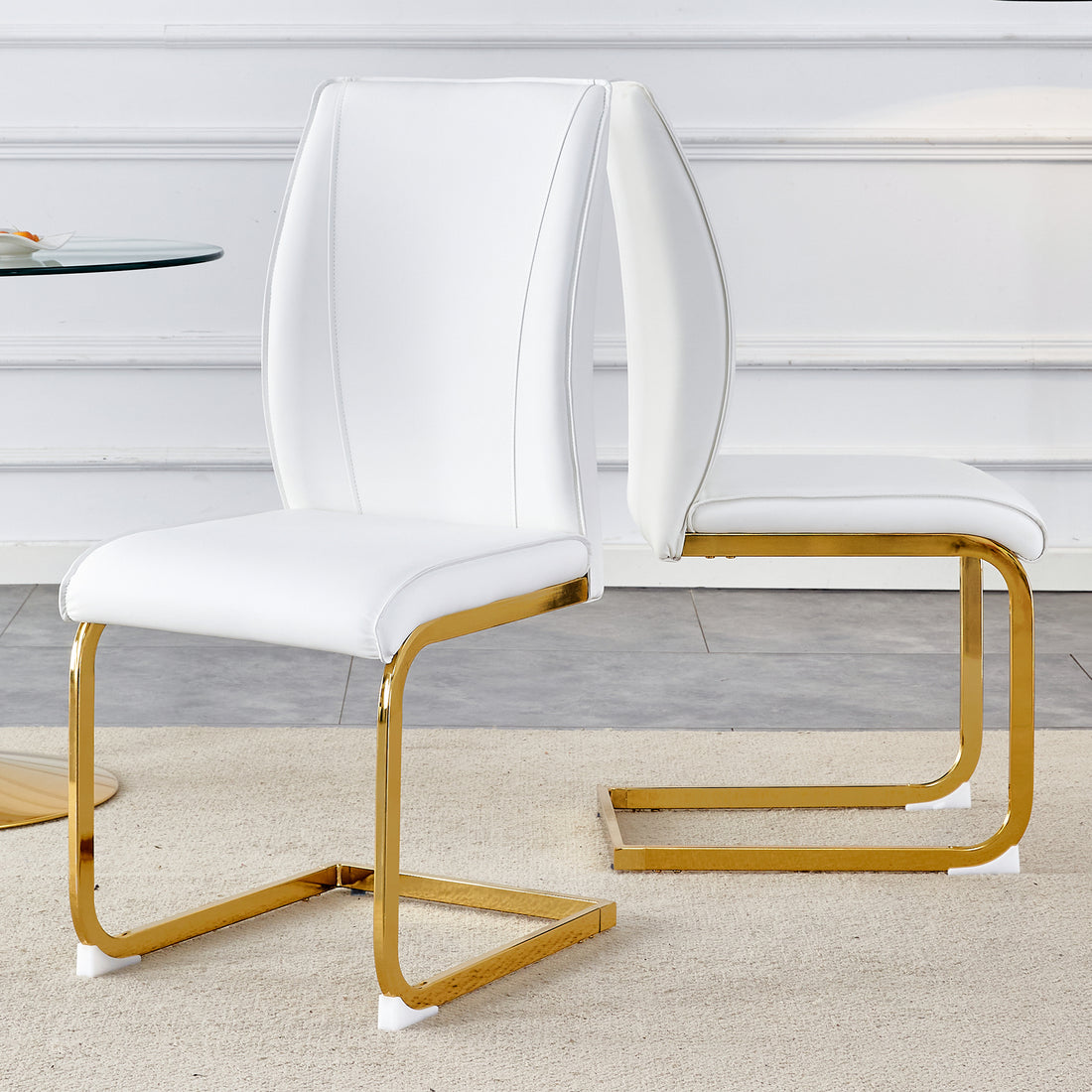 Luxury Simple Arch Chair Set Of 2 White Pu Material High Resilience Dining Chair With Arched Metal Gold Leg. White Black Set Of 2 Metal,Pu