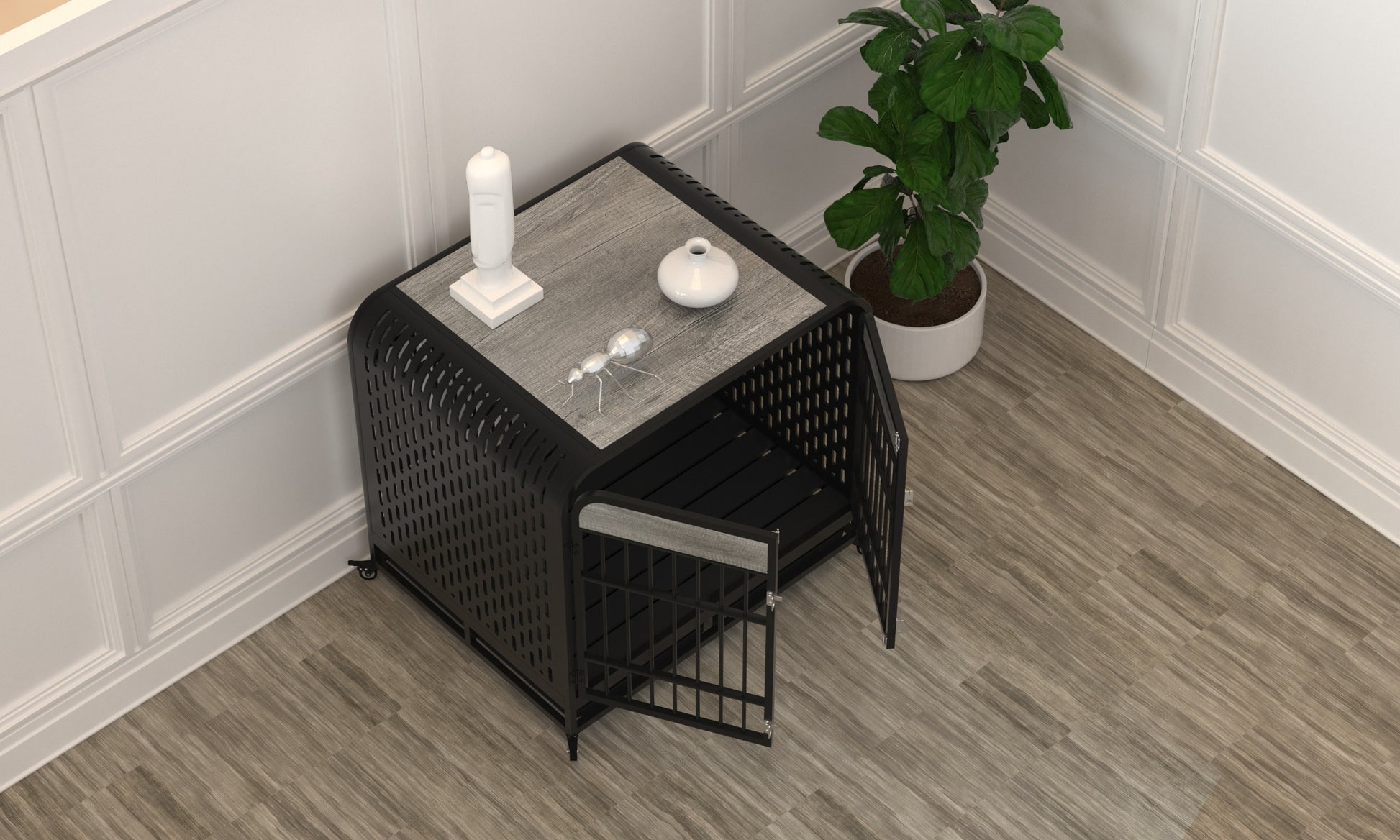 Heavy Duty Dog Crate Furniture Wooden Table Pet Dog Cage Kennel House Indoor Side End Table Decor With Removable Trays And Lockable Wheels For Medium And Large Dogs 40" Grey Grey Outdoor Kennel Medium 26 40 Lbs Mdf Steel