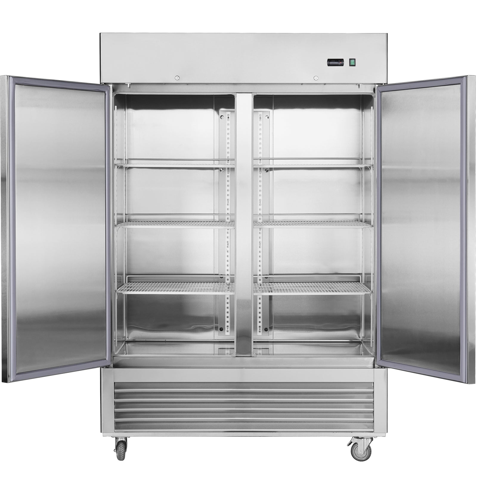 54"W Commercial Freezer 2 Section 2 Solid Door Stainless Steel Interior And Exterior Construction Reach In Freezer 42.2 Cu.Ft. Upright Fan Cooling Freezer For Restaurants And Commercial Environments