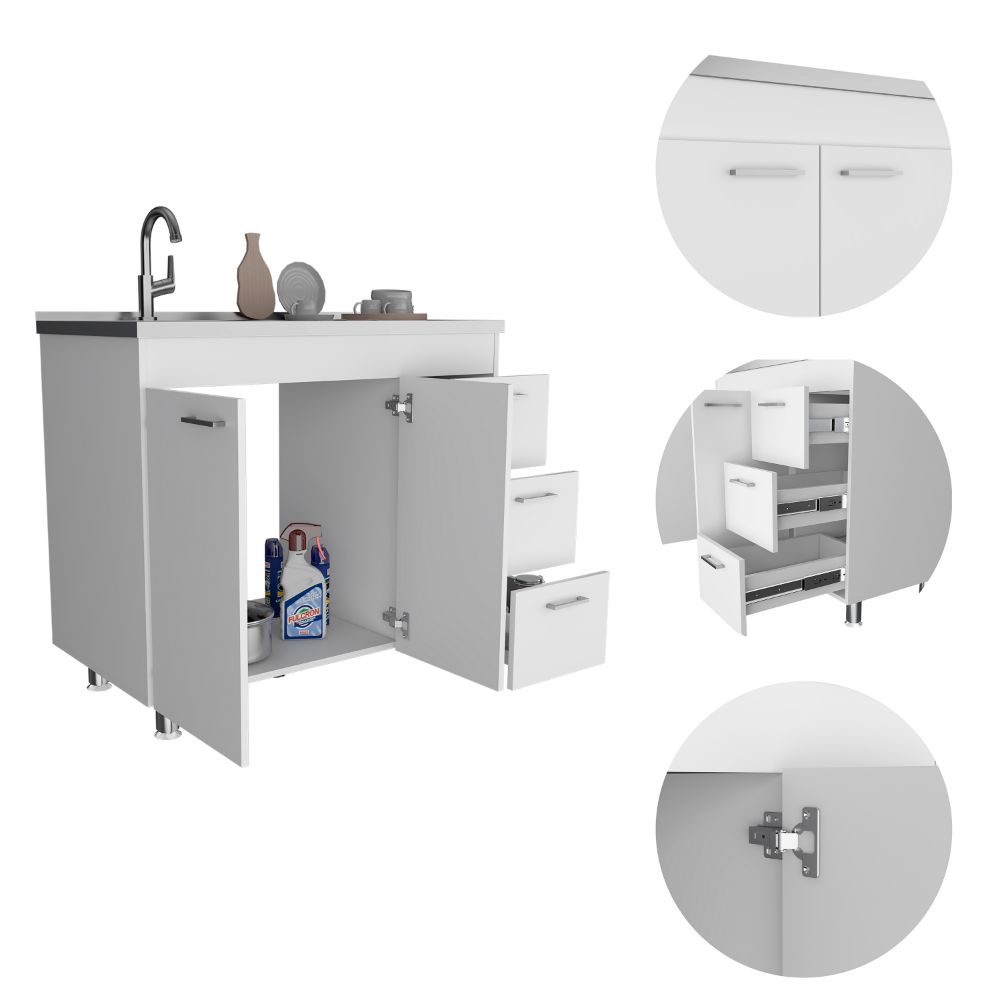 Base Double Door Cabinet, Three Drawers, White White Solid Wood Mdf Engineered Wood