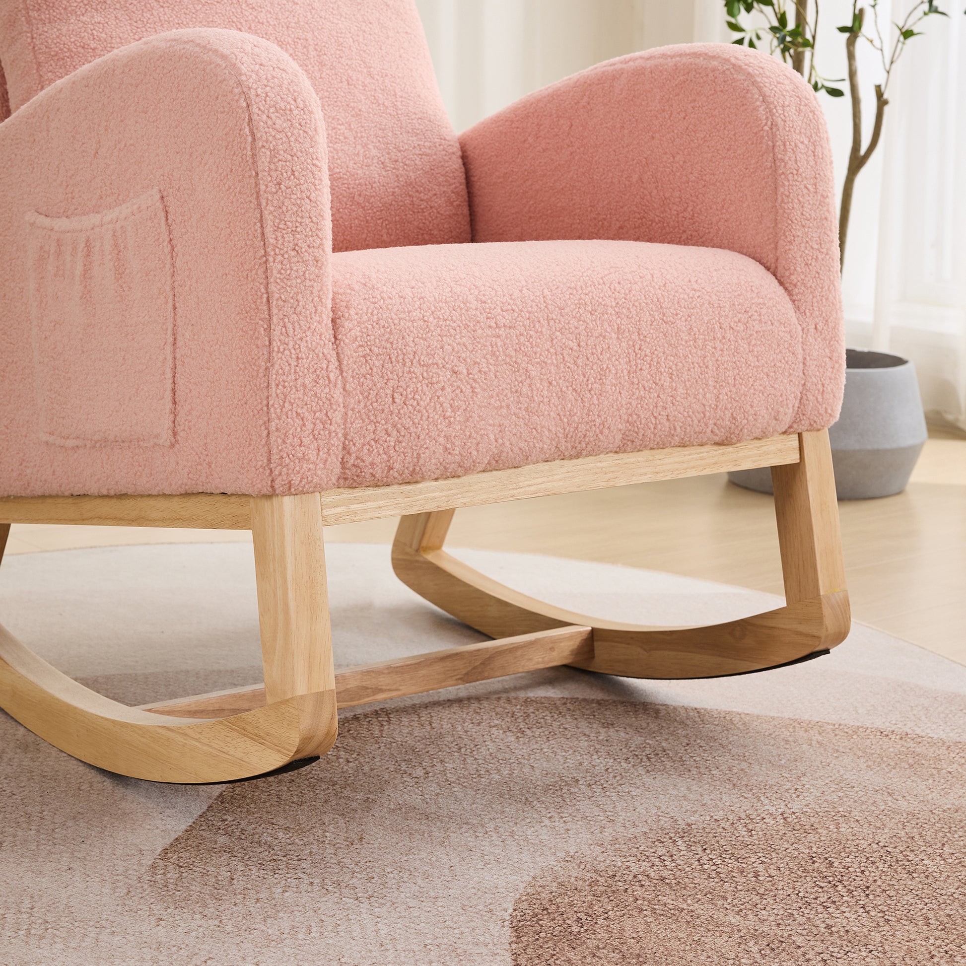 27.2"W Rocking Chair For Nursery, Sherpa Glider Chair With High Back And Side Pocket, Rocking Accent Armchair With Rubber Wood Legs For Living Room Bedroom.Pink Pink Sherpa